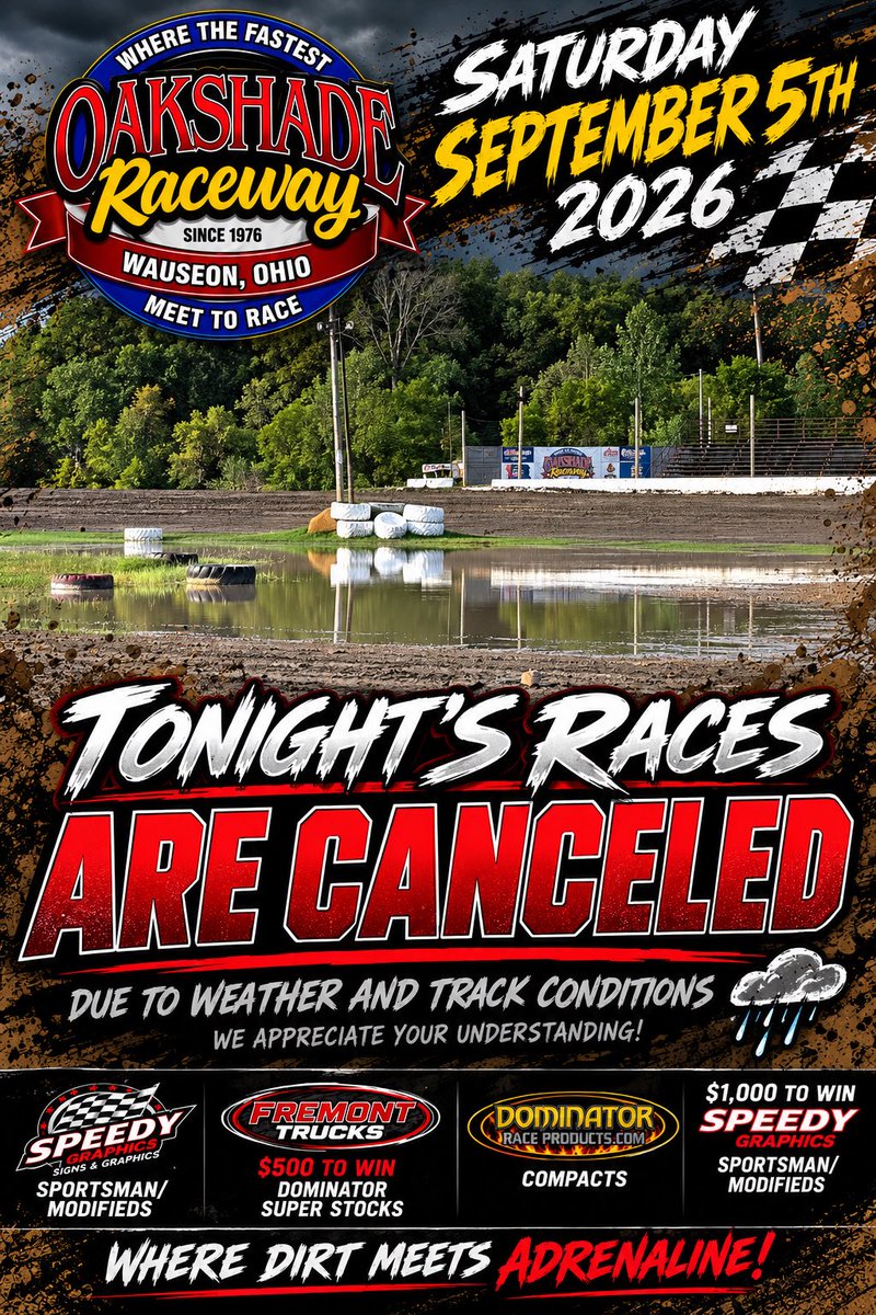 OakshadeRaceway's tweet photo. Whoever ordered all this rain… next time PLEASE ask for sunshine AND wind. 😜🌧️💨

We’re trying to race cars, not Noah’s Ark over here. 😂🏁 https://t.co/yhYbF2SICu