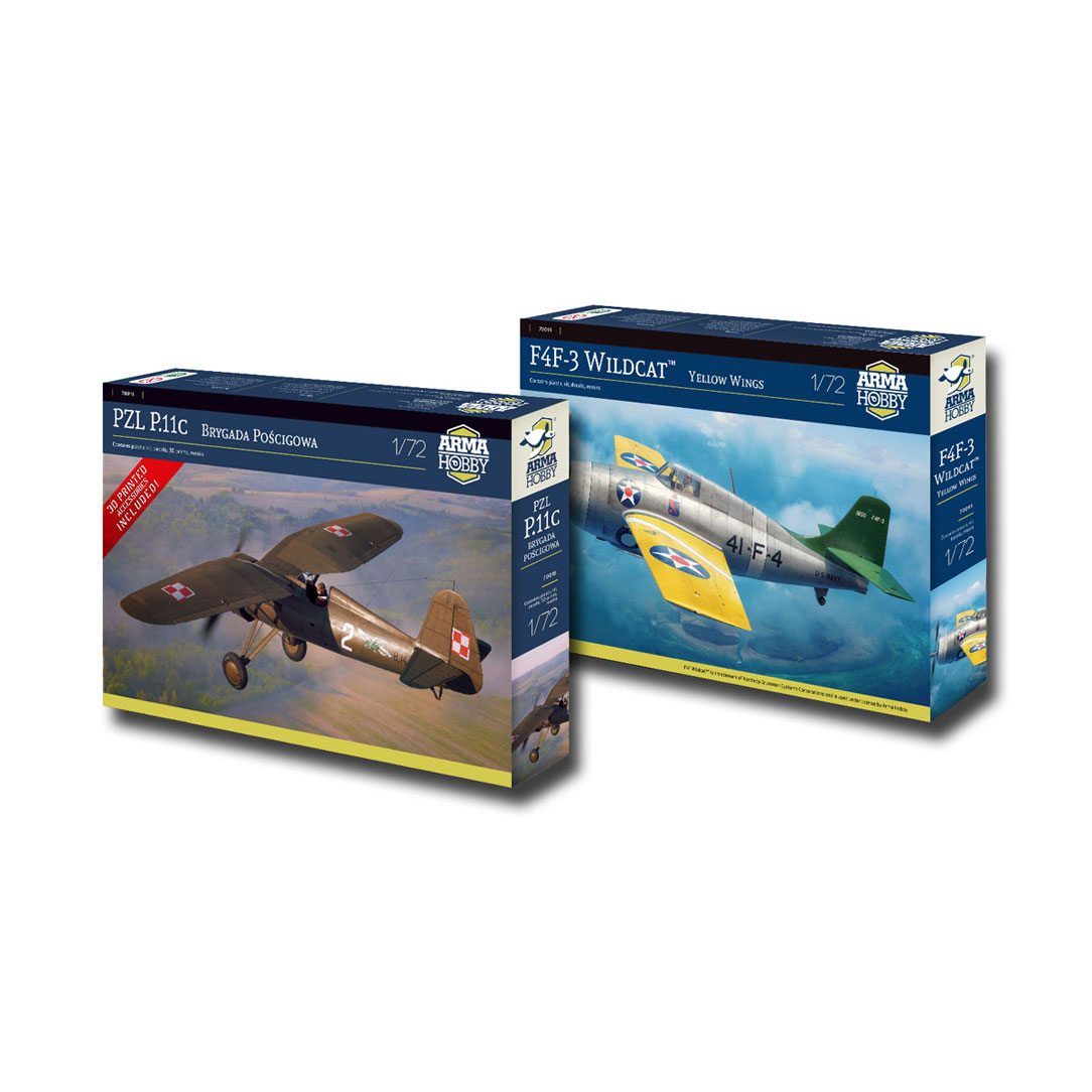 ArmaHobby's tweet photo. 🇬🇧 New Arma Hobby 1/72 preorders are live!
✈️ PZL P.11c “Pursuit Brigade”
✈️ F4F-3 Wildcat “Yellow Wings”
Extra sprues, 3D details & pilot figures available.
https://t.co/OaTS24vuPb
#ArmaHobby #PZLP11c #Wildcat #TTModelarze https://t.co/0kSqH3LrD9