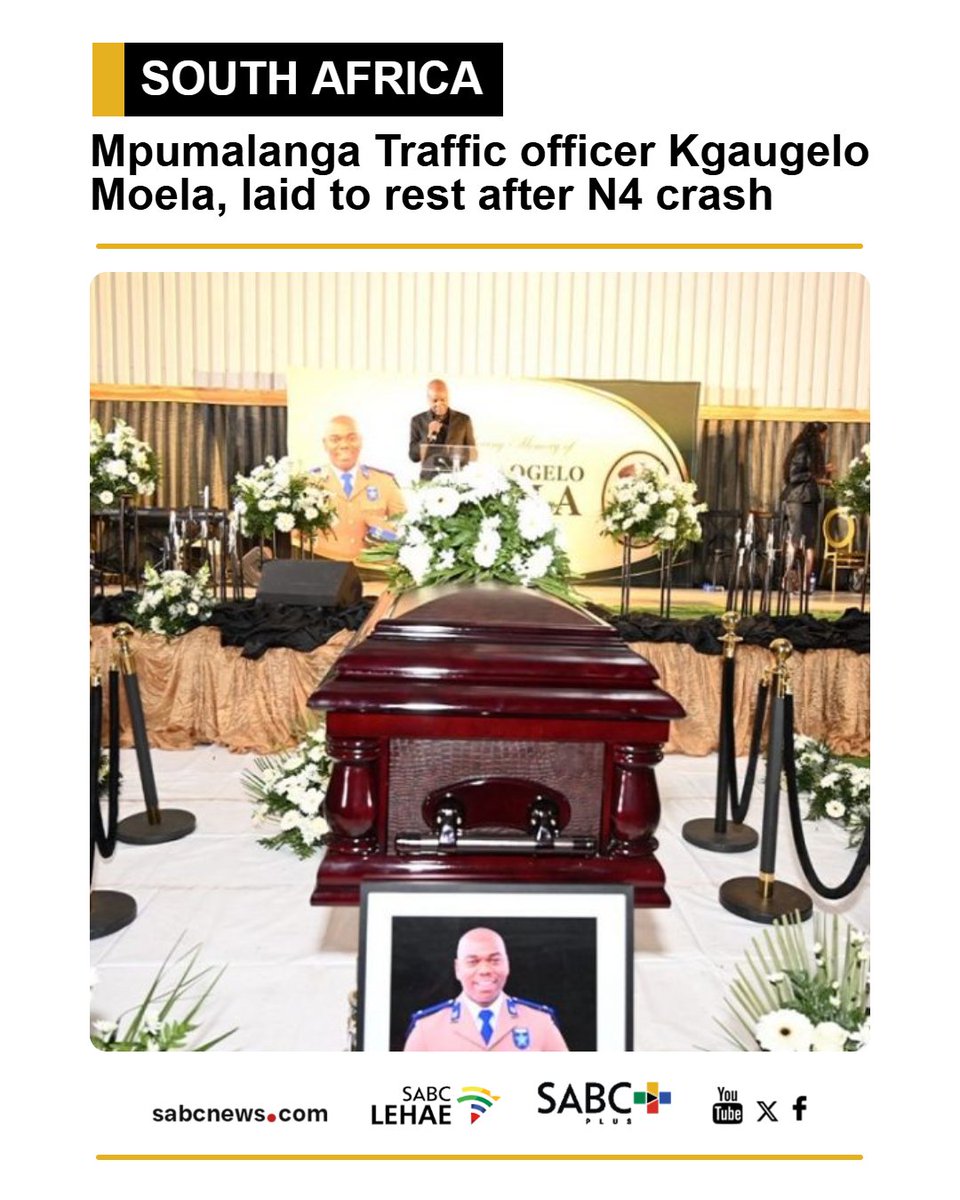 SABCNews's tweet photo. Traffic officer Kgaugelo Moela, who was fatally knocked down by a minibus taxi on the N4 toll road near Mbombela, has been laid to rest. The 38-year-old was attached to the Mpumalanga Traffic Inspectorate under the Department of Public Works, Roads and Transport. https://t.co/qaQSYVXLou
