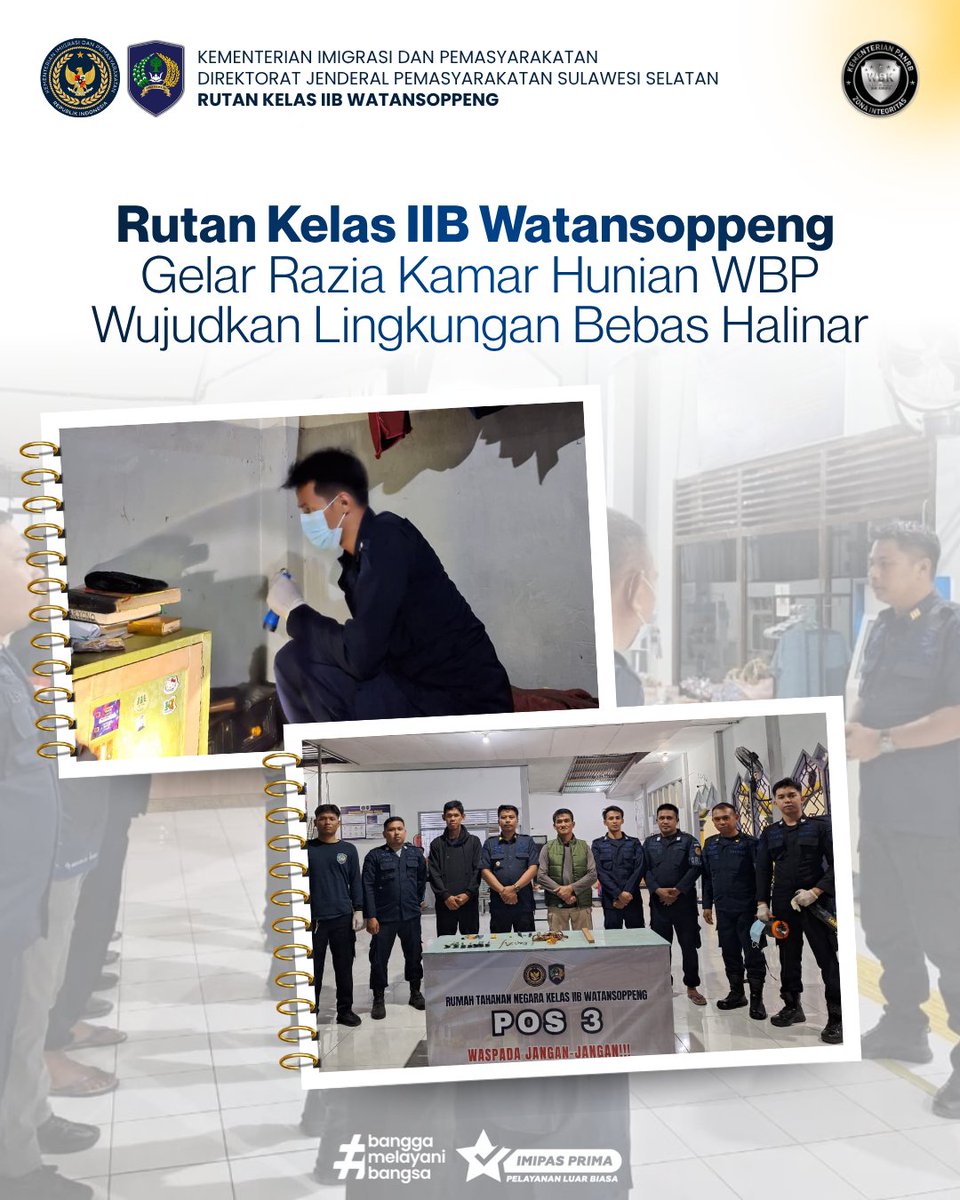 RutanWatansoppe's tweet photo. Komitmen Wujudkan Lingkungan Bebas Halinar, Rutan Watansoppeng Gelar Razia Kamar Hunian WBP. Kegiatan ini merupakan bentuk langkah preventif kami untuk meminimalisir segala bentuk potensi gangguan keamanan. https://t.co/qFzLdDi6Tu