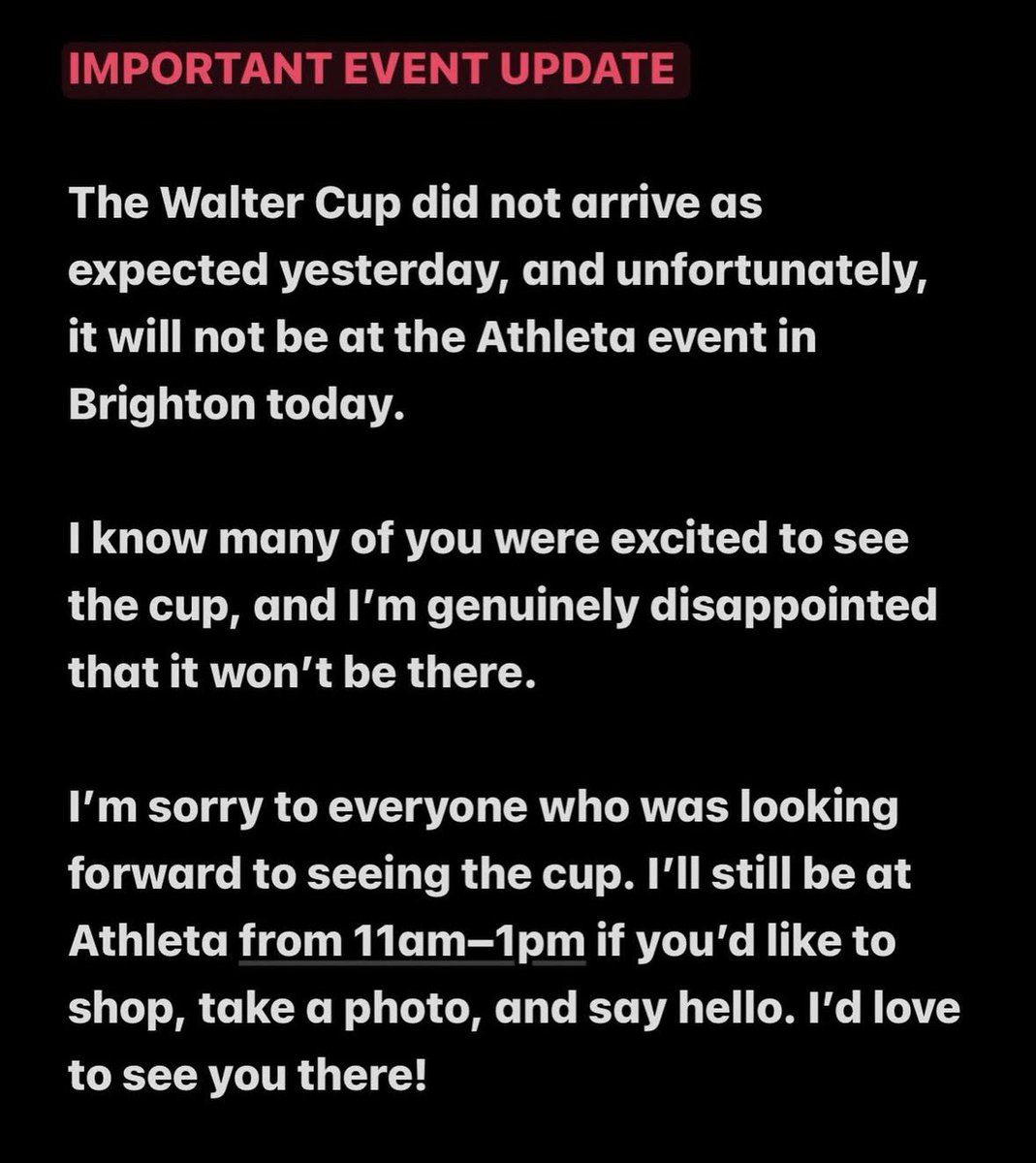 IanKennedyCK's tweet photo. It’s certainly time for a new shipping company to take over for the PWHL. Second Walter Cup celebration event cancelled in weeks for the trophy not arriving.

This note is from Shiann Darkangelo of the Montreal Victoire. 

2.0 #WheresWalter https://t.co/8nXyp1Cu27