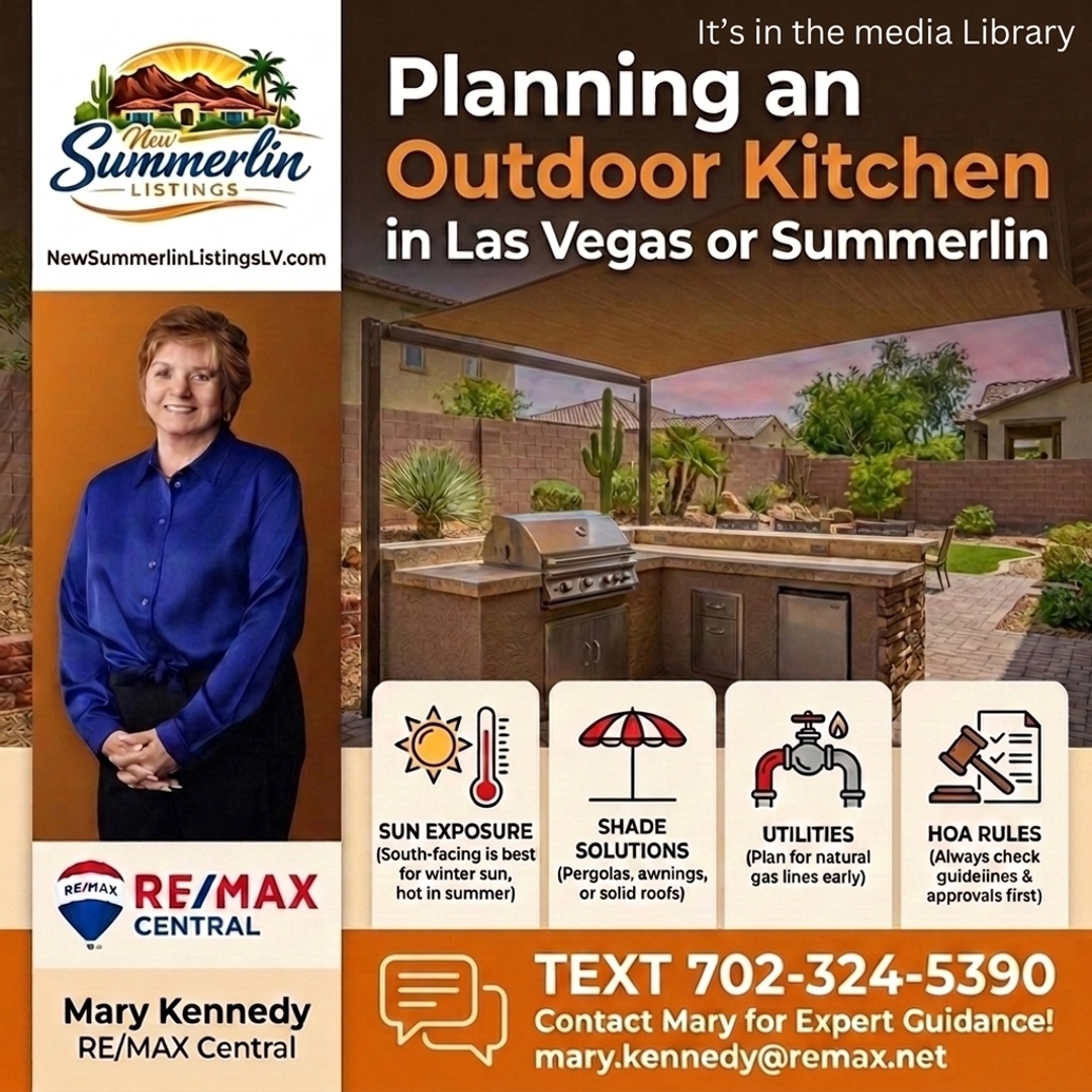 REMAXMaryLV's tweet photo. Planning an outdoor kitchen in Las Vegas or Summerlin? Consider sun, shade, gas lines, and HOA rules—text 702-324-5390 for thoughtful guidance. Helping You Find Your Way Home in the Las Vegas Valley #Summerlin #LasVegas #OutdoorKitchen #RealEstate #HomePlanning #REMAX https://t.co/IFWUNm6LcS