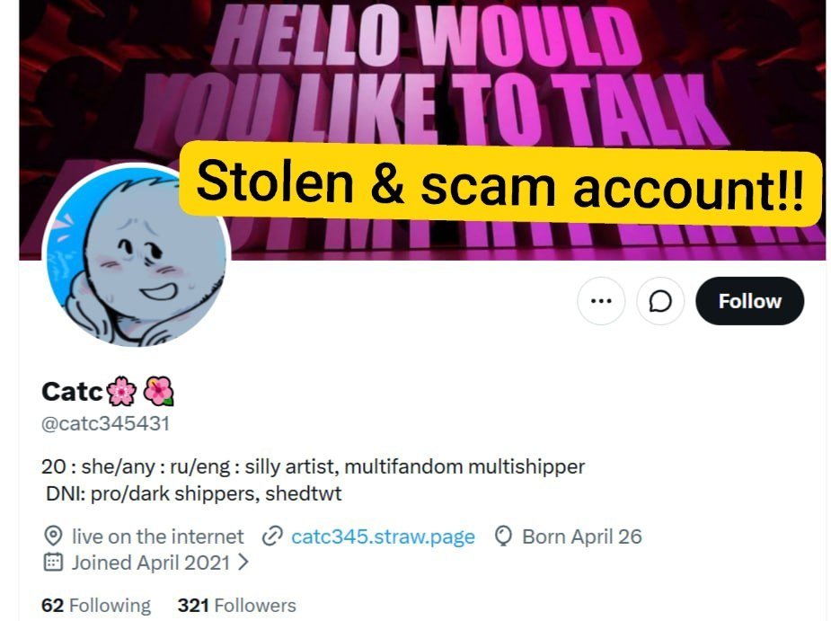 catc345Arts's tweet photo. Guys repost that please!!!!
This my stolen acc (@catc345431) is sending scam messages right now and THAT'S NOT ME! DON'T BE FOOLED! 
And report that acc too please I don't want it to exist and harm people https://t.co/a1N0IC0Gd4