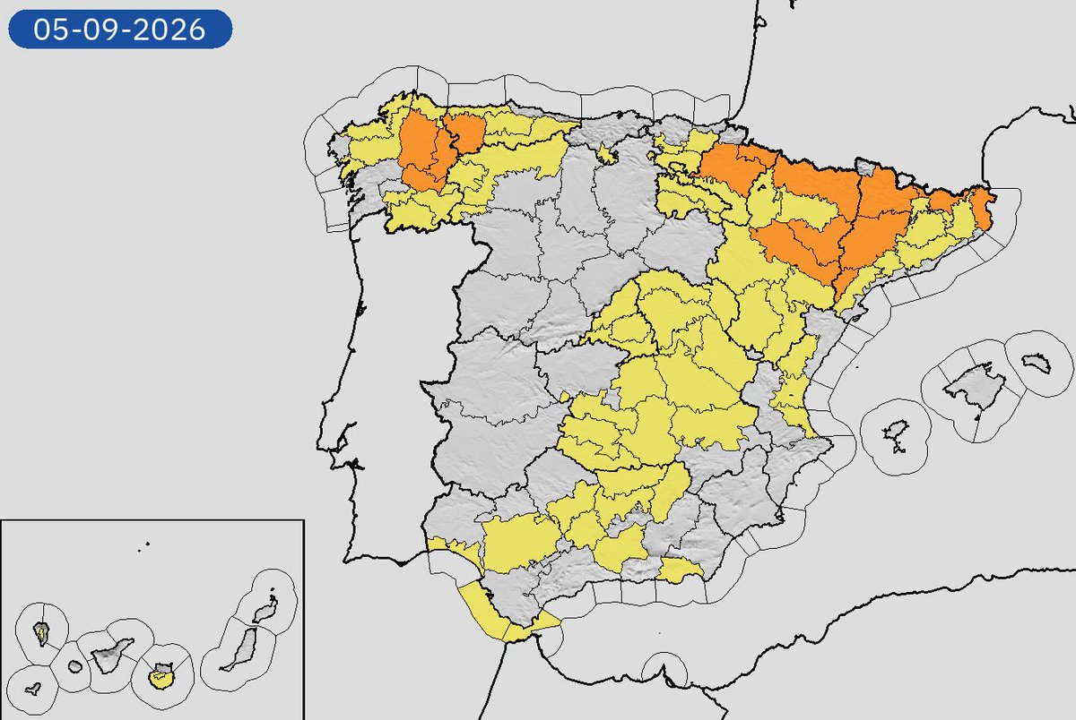 AEMET_Esp's tweet photo. 05/09 19:06 AVISOS HOY Y MAÑANA | España: temperaturas máximas, costeros, tormentas, lluvias y vientos. Nivel máximo de aviso: naranja.
Actualizaciones en https://t.co/BLdoSsO2Qv https://t.co/n5jDD1ehtq