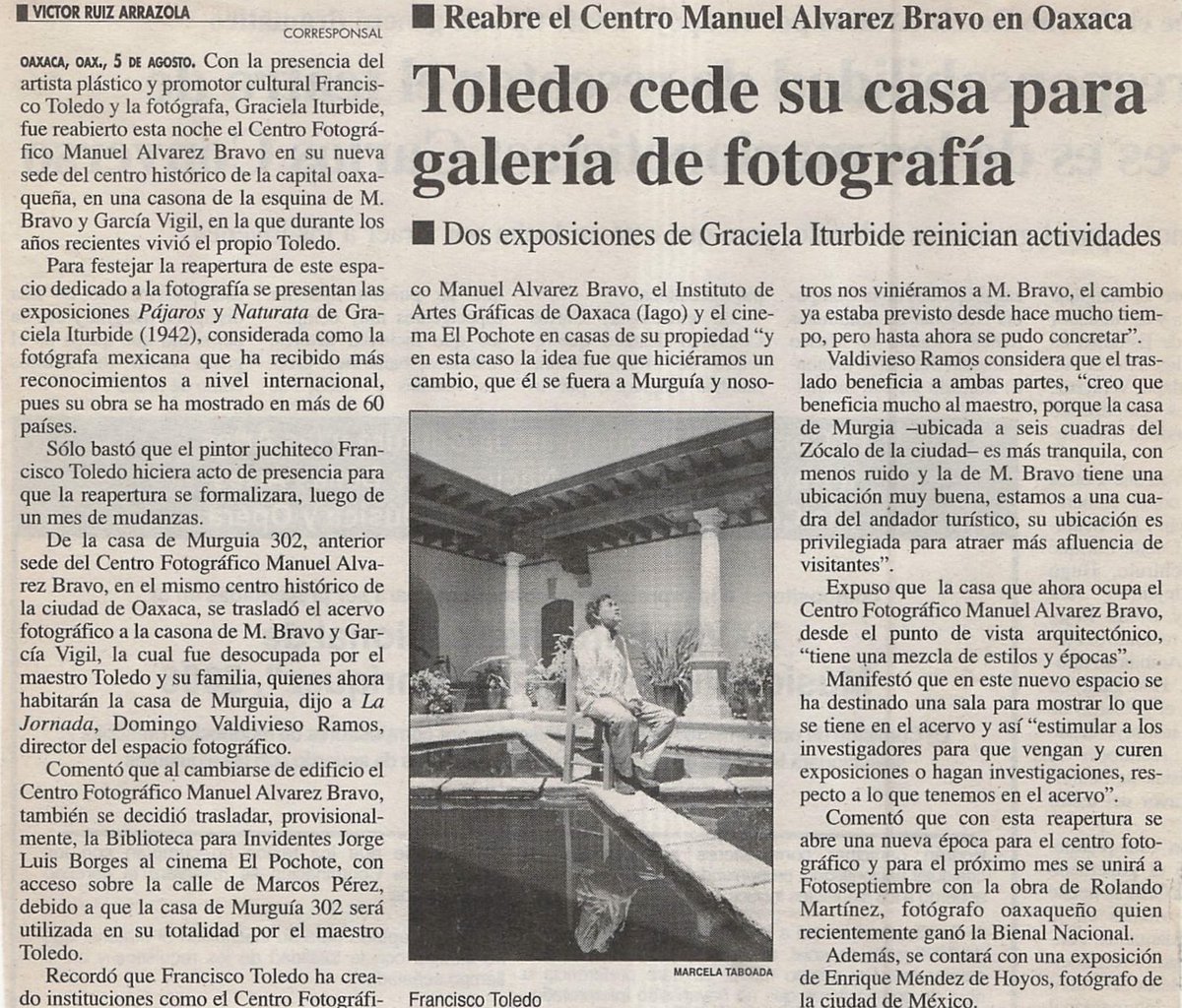 CFMAB's tweet photo. UN RECUERDO DEL CAMBIO DE SEDE DEL CFMAB

Fundado por el artista Francisco Toledo en 1996, el CFMAB ha tenido dos sedes, la primera fue en un inmueble de la calle de Murguia, hoy para recordar a nuestro fundador en su aniversario luctuoso compartimos una nota de 2005 … https://t.co/z8rt2tdM6V