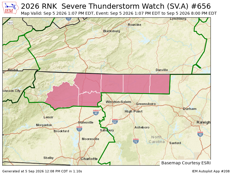 iembot_rnk's tweet photo. RNK issues Severe Thunderstorm Watch for Caswell, Rockingham, Stokes, Surry, Wilkes, Yadkin [NC] till Sep 5, 8:00 PM EDT https://t.co/3giJEUlpeX https://t.co/6hP5qEK1Da