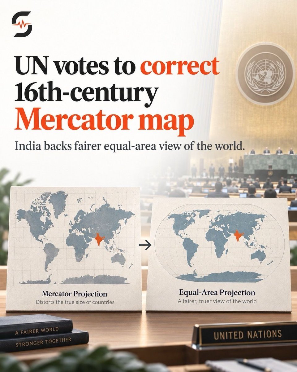 SeismicIndia's tweet photo. The UN has backed a move away from the Mercator projection, voting 164–1 to promote the Equal Earth map. India supported the resolution, which aims to show continents closer to their true relative sizes. https://t.co/yMKBgSGBZr