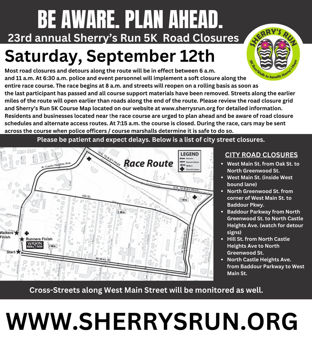 SherrysHope_TN's tweet photo. BE AWARE OF ROAD CLOSURES NEXT WEEK FOR SHERRY'S RUN!!🚨 https://t.co/Qi9z9WohcK