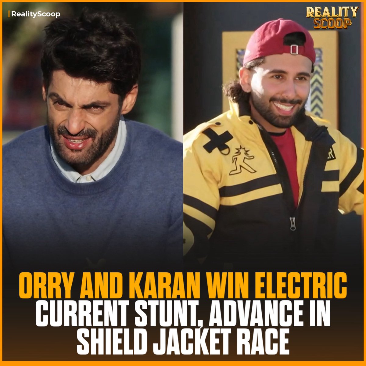 reality_scoop_'s tweet photo. Orry and Karan Wahi conquer the shocking electric current stunt and move one step closer to winning the Shield Jacket!

Who do you think will win the Shield Jacket?

#Orry #KaranWahi #KKK15 #ShieldJacket #RealityScoop https://t.co/NX6YUm9ODo