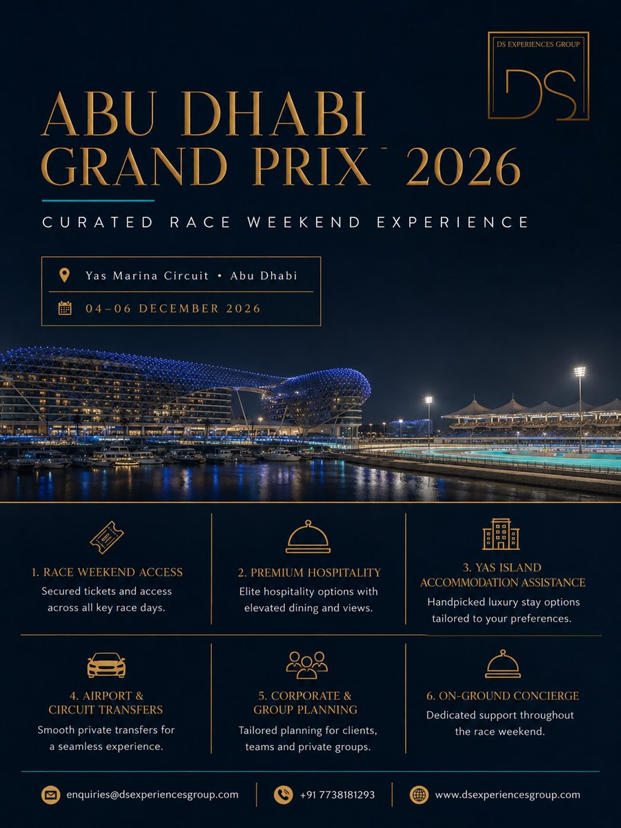 ChassidyBujaz's tweet photo. The final race. The brightest lights. One unforgettable weekend. Abu Dhabi is where the world comes together for Formula 1. 04–06 December 2026 | Yas Marina Circuit

DS Experiences Group curates your Abu Dhabi Grand Prix weekend—from grandstands to https://t.co/PxYx3ywEUz