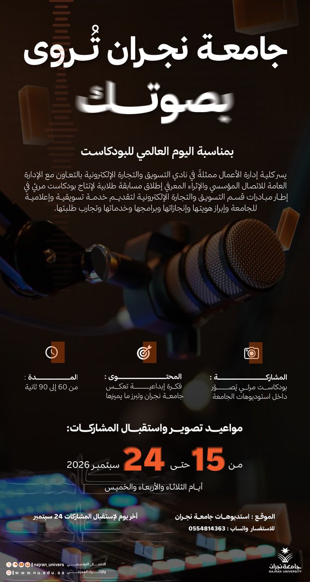 Najran_Univers's tweet photo. 🎙️ هل لديك صوت يحكي قصة جامعة نجران؟

بمناسبة #اليوم_العالمي_للبودكاست، تطلق كلية إدارة الأعمال ممثلةً بقسم التسويق والتجارة الإلكترونية، بالتعاون مع إدارة الاتصال المؤسسي والإثراء المعرفي، مسابقة لإنتاج #بودكاست قصير يُعرّف بالجامعة، ويبرز هويتها وإنجازاتها وبرامجها وخدماتها وتجارب طلبتها.

شارك بصوتك وإبداعك، واجعل قصتك تُسمع.
#InternationalPodcastDay