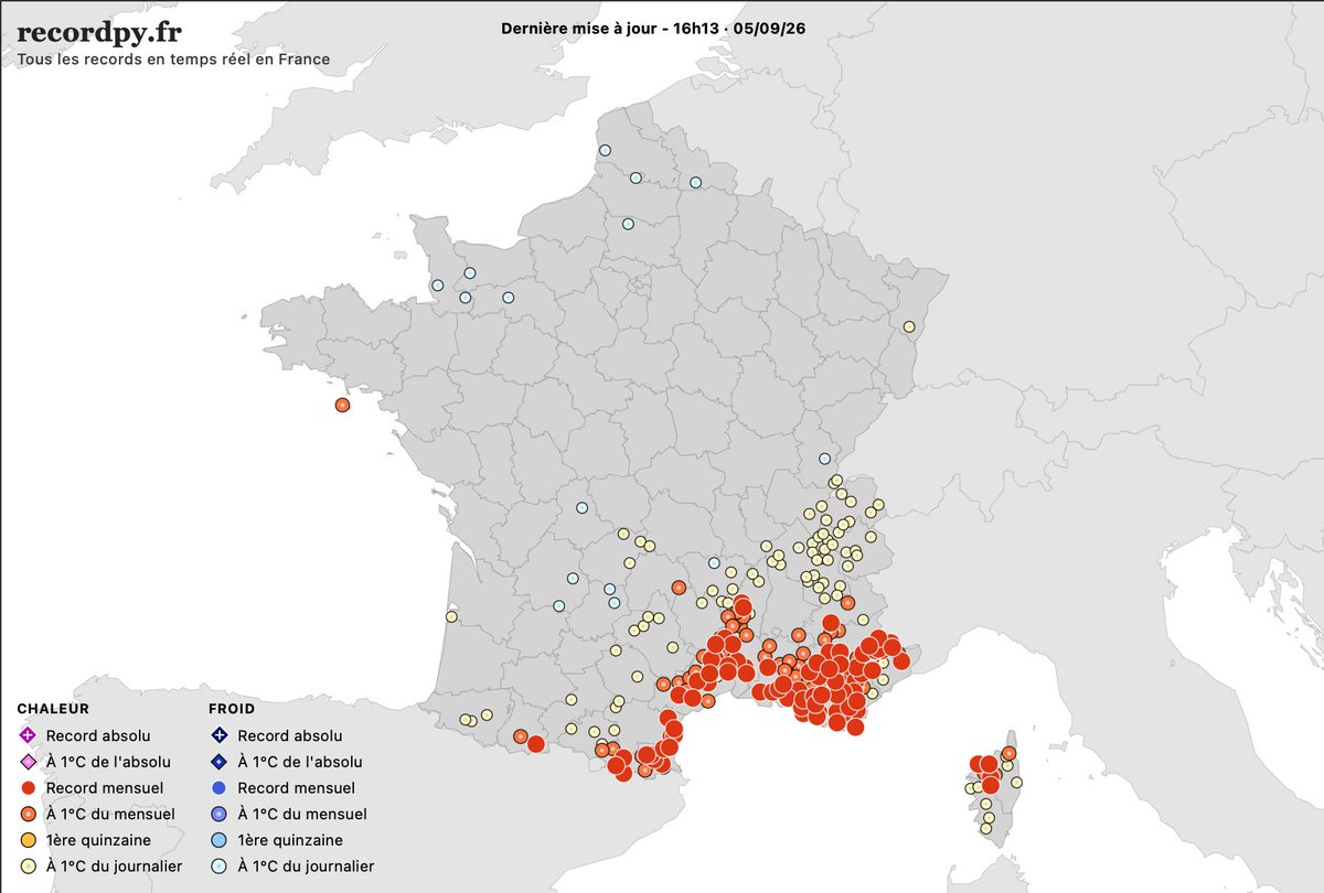record_py's tweet photo. ‼️À 16h près d'une centaine de records de chaleur sont déjà tombés. Marseille-Marignane station historique de @meteofrance ouverte il y a 106 ans, vient de pulvériser son record de septembre, qui datait de 1949!

Tous les records en en direct France ici ➡️ https://t.co/OGWA9UXRBZ https://t.co/NGnrMi7iQD