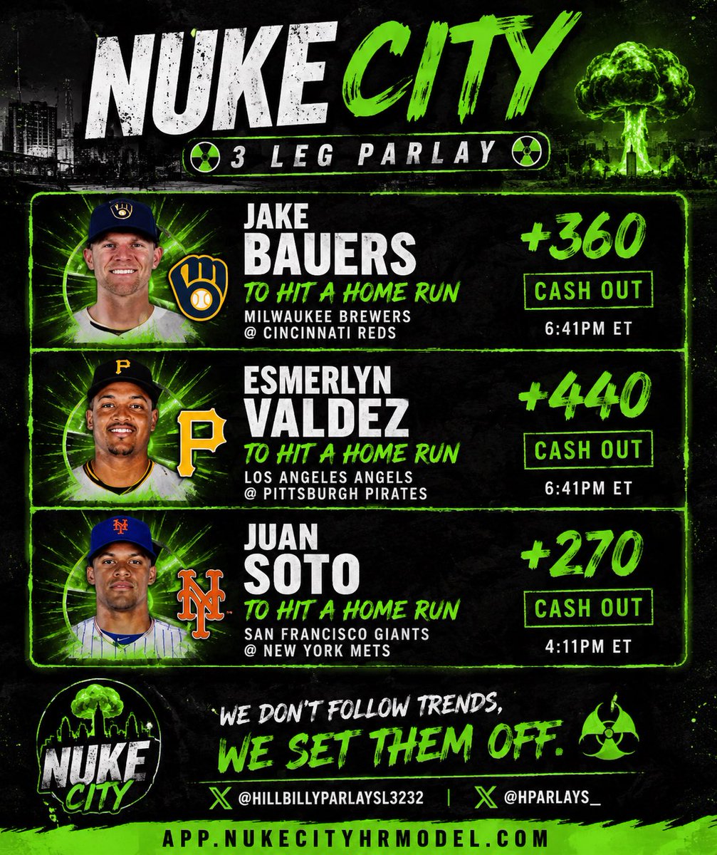 HParlays_'s tweet photo. 🔥 PLAY OF THE DAY 🔥
💣 3-LEG HR PARLAY 💣 ⚾ Jake Bauers +360 ⚾ Esmerlyn Valdez +440 ⚾ Juan Soto +270

#NukeCity #MLB #HRParlay #PlayOfTheDay #SportsBetting

Made with @HillbillyL3232 https://t.co/ji0MVM58Y4