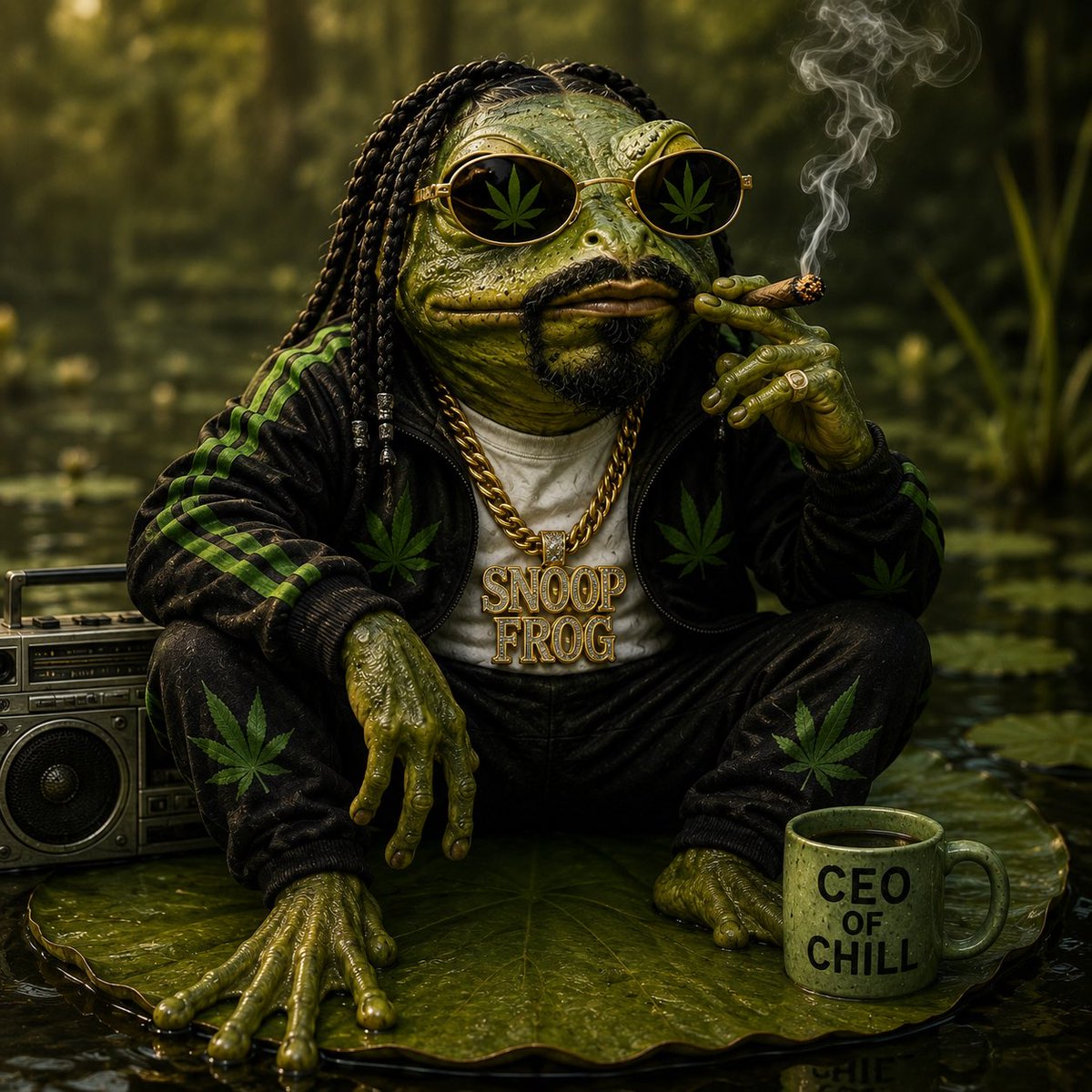 CEOofChillFrog's tweet photo. The Swamp King has arrived. 👑 Fo' shizzle my nizzle, Snoop Frog is in the house. CEO of Chill reporting live from the lily pad. Ya dig? 😎🌿🐸

#SnoopFrog #SwampKing #CeoOfChill #NewEra #HipHopVibes https://t.co/do42Nhgvar