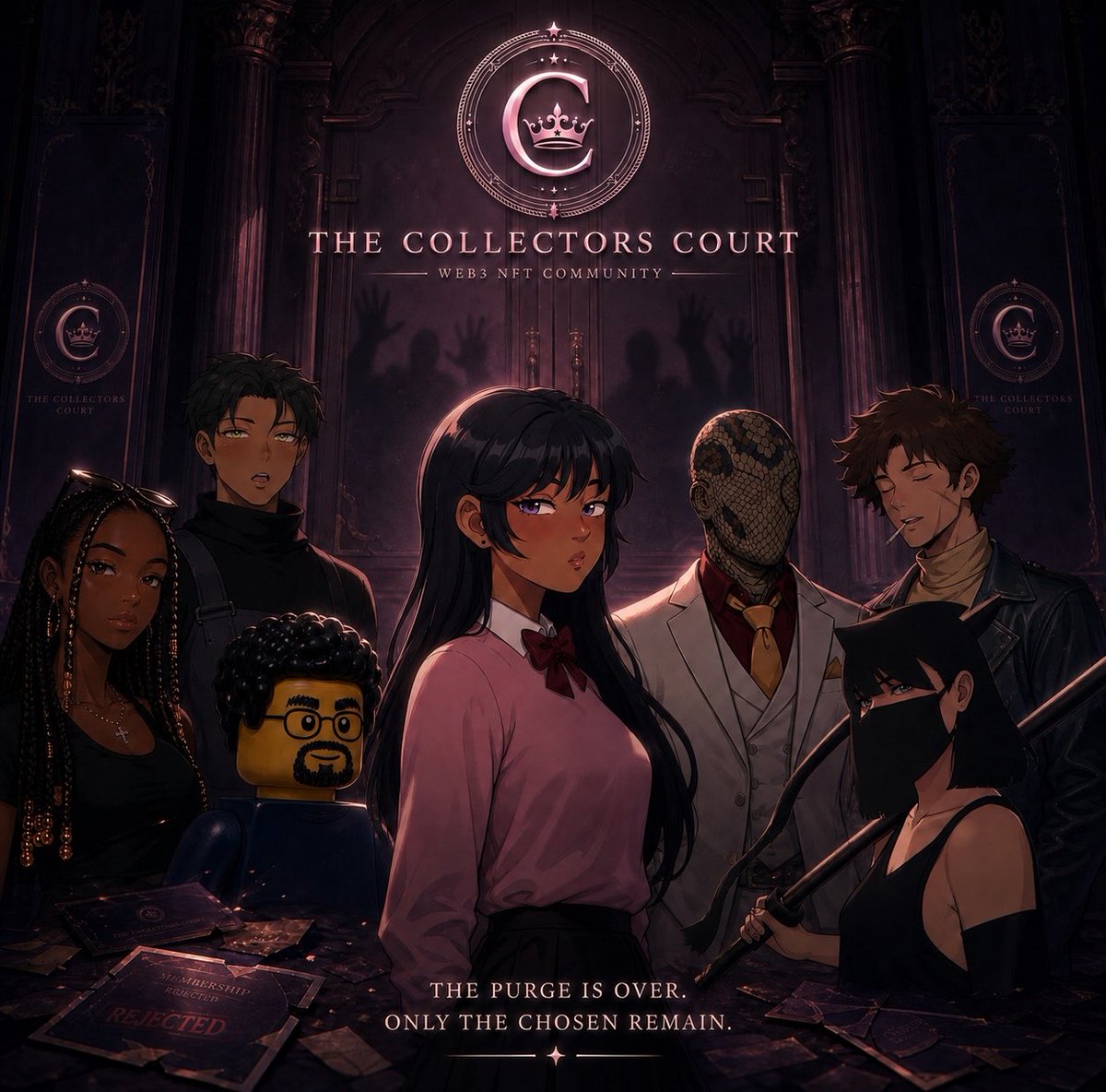 TheCCourt's tweet photo. The Great Purge has passed. 🏛️

Did you make it through or were you shut out?

Moving forward, there’ll be a form to apply for the Collectors Court.

But ultimately, the Founder decides who gets a seat. 👑

Choose wisely. The Court is watching. https://t.co/oR40qboyCv