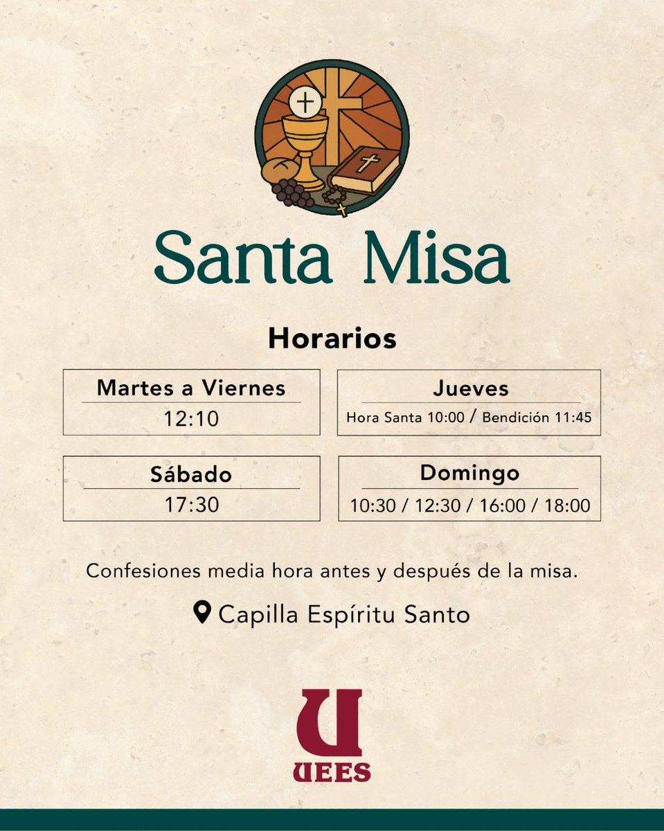 uees_ec's tweet photo. ⛪️
Compartimos los horarios de #SantaMisa. 🙏
📍Capilla Espíritu Santo https://t.co/ReudGvwRor