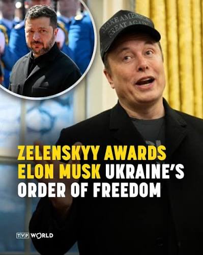 MarsArchitec8t's tweet photo. Ukrainian President Volodymyr Zelenskyy has awarded Elon Musk the Order of Freedom, honoring the SpaceX and Tesla chief for his contribution to the protection of lives and freedom and strengthening ties between Ukraine and the U.S. https://t.co/VyVjvoZCpS