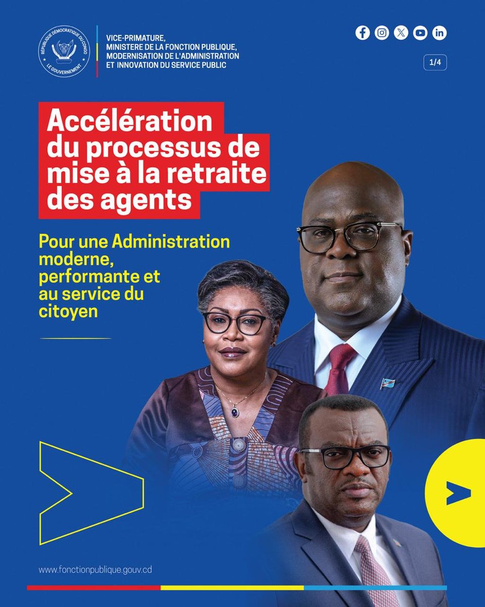 FPubliqueRDC's tweet photo. 🇨🇩 | MISE À LA RETRAITE : LE PROCESSUS VA S’ACCÉLÉRER

Sur instruction du Pr��sident de la République, Félix-Antoine Tshisekedi Tshilombo, le Gouvernement va accélérer la mise à la retraite des Agents publics ayant atteint ou dépassé l’âge statutaire.

Ils sont plus de 314 000 concernés. 

A ce jour, plus de 21 000 départs ont déjà été réalisés.

Le cap est donc clair : accélérer le processus, garantir des départs dignes et poursuivre le rajeunissement de l’Administration Publique.