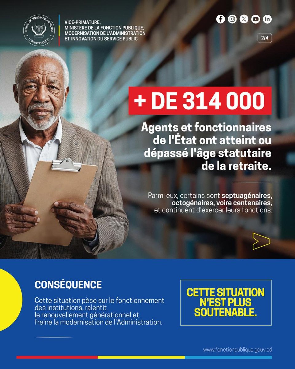 FPubliqueRDC's tweet photo. 🇨🇩 | MISE À LA RETRAITE : LE PROCESSUS VA S’ACCÉLÉRER

Sur instruction du Pr��sident de la République, Félix-Antoine Tshisekedi Tshilombo, le Gouvernement va accélérer la mise à la retraite des Agents publics ayant atteint ou dépassé l’âge statutaire.

Ils sont plus de 314 000 concernés. 

A ce jour, plus de 21 000 départs ont déjà été réalisés.

Le cap est donc clair : accélérer le processus, garantir des départs dignes et poursuivre le rajeunissement de l’Administration Publique.