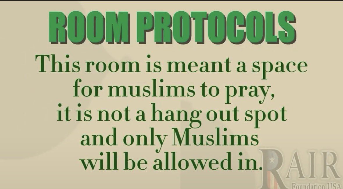 AmyMek's tweet photo. EXPOSED: We Have Discovered A Mini-Mosque inside a Texas PUBLIC HIGH SCHOOL - Muslims Only Can Enter! 

@KenPaxtonTX why is a public high school in Frisco allowed to run a mini-mosque that only Muslims can enter - 

This is Red State Texas NOT Saudi Arabia.

Nine years ago they told you the room was open to all faiths. You sent the letter. They lied! 

Now the MSA at Liberty High posted the rules in black and white:

“This room is meant a space for Muslims to pray… and only Muslims will be allowed in.”

Taxpayer building. Public school. Exclusive Islamic space. Everyone else locked out.

The Muslim Student Association is an arm of the Muslim Brotherhood. Why are they allowed to operate a Muslims-only mosque inside Liberty High?

Is this legal in Texas?