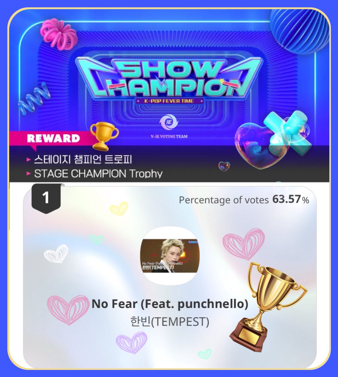 iEVotingTeam's tweet photo. 🏆 CONGRATULATIONS #HANBIN ON WINNING STAGE CHAMPION!

His first trophy of this solo era is finally here! So proud of HANBIN and all his hard work. Thank you everyone for voting, supporting, and staying with him. Let’s bring home more 🏆 together!💞

#TEMPEST #No_Fear #ViEVoting https://t.co/HErH0lJitM