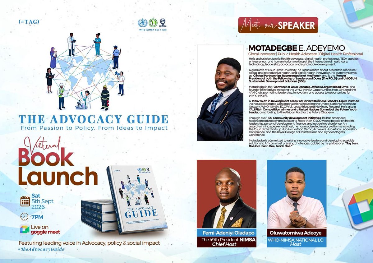 NiMSA_WHO_SW's tweet photo. It’s D-day🚀🚀🚀

A visionary physician, global health advocate and digital health innovator is joining us to explore what it truly means to turn ideas into impact.��🌍📖

Meet @drtaddyy, a passionate advocate, TEDx speaker, and community leader. https://t.co/s2p4Md5OXZ