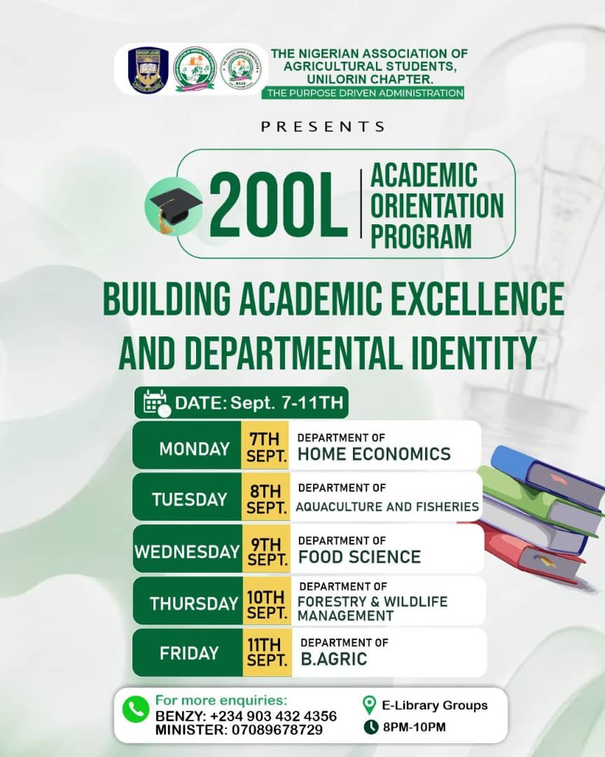 Naasunilorin22's tweet photo. *🌱 THE NIGERIAN ASSOCIATION OF AGRICULTURAL STUDENTS, UNILORIN CHAPTER*
~:::::::::::::::::::::::::::::::::::::::::::::::::~

🎓 200L ACADEMIC ORIENTATION PROGRAMME 🎓

🚨 JUST 2 DAYS TO GO 🚨

The countdown is officially on ⏳

In 2 DAYS, we kick off five days of insightful sessions, academic guidance, departmental insights, and valuable interactions designed to help you navigate 200 Level successfully.

📅 7TH – 11TH SEPTEMBER
⏰ 8:00 PM – 10:00 PM DAILY
📍 E-LIBRARY GROUPS

THEME:
“Building Academic Excellence and Departmental Identity”

Set your reminders.SEE YOU MONDAY

THE PURPOSE-DRIVEN ADMINISTRATION