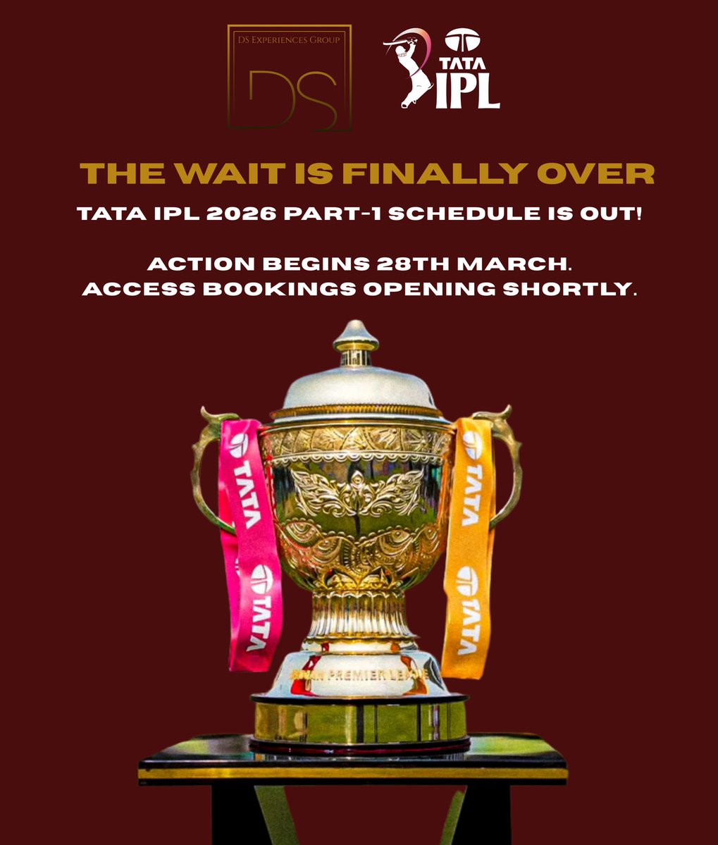 RebbecaMag7kag's tweet photo. The wait is over. TATA IPL 2026 Part 1 schedule is live. The biggest cricket carnival returns 28 March. DS Experiences Group offers general, premium, hospitality, and private box access. Priority allocations opening shortly. Limited confirmations. https://t.co/3j71R7qSC4