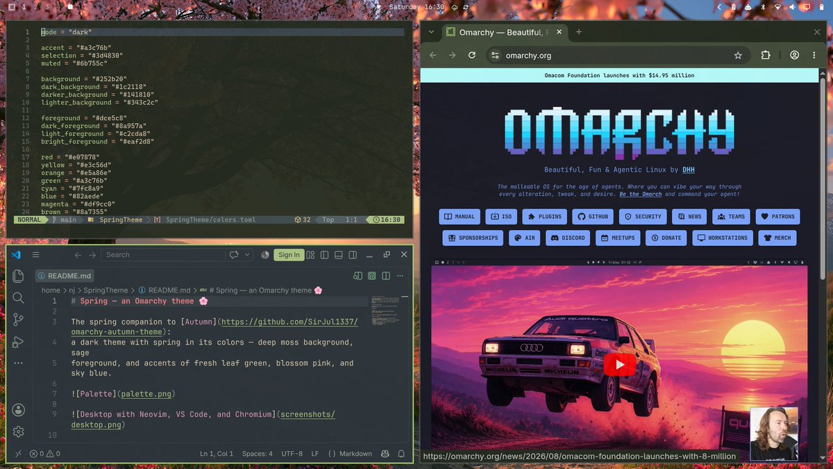 SirJul1337's tweet photo. Spring theme for @omarchy is out!

The follow-up to my autumn theme — dark mode with spring colors: deep moss, blossom pink, fresh leaf green. 10 wallpapers included.

omarchy theme install https://t.co/UcFiGg5sKS

One command, applies instantly. https://t.co/TjszrEFKvl