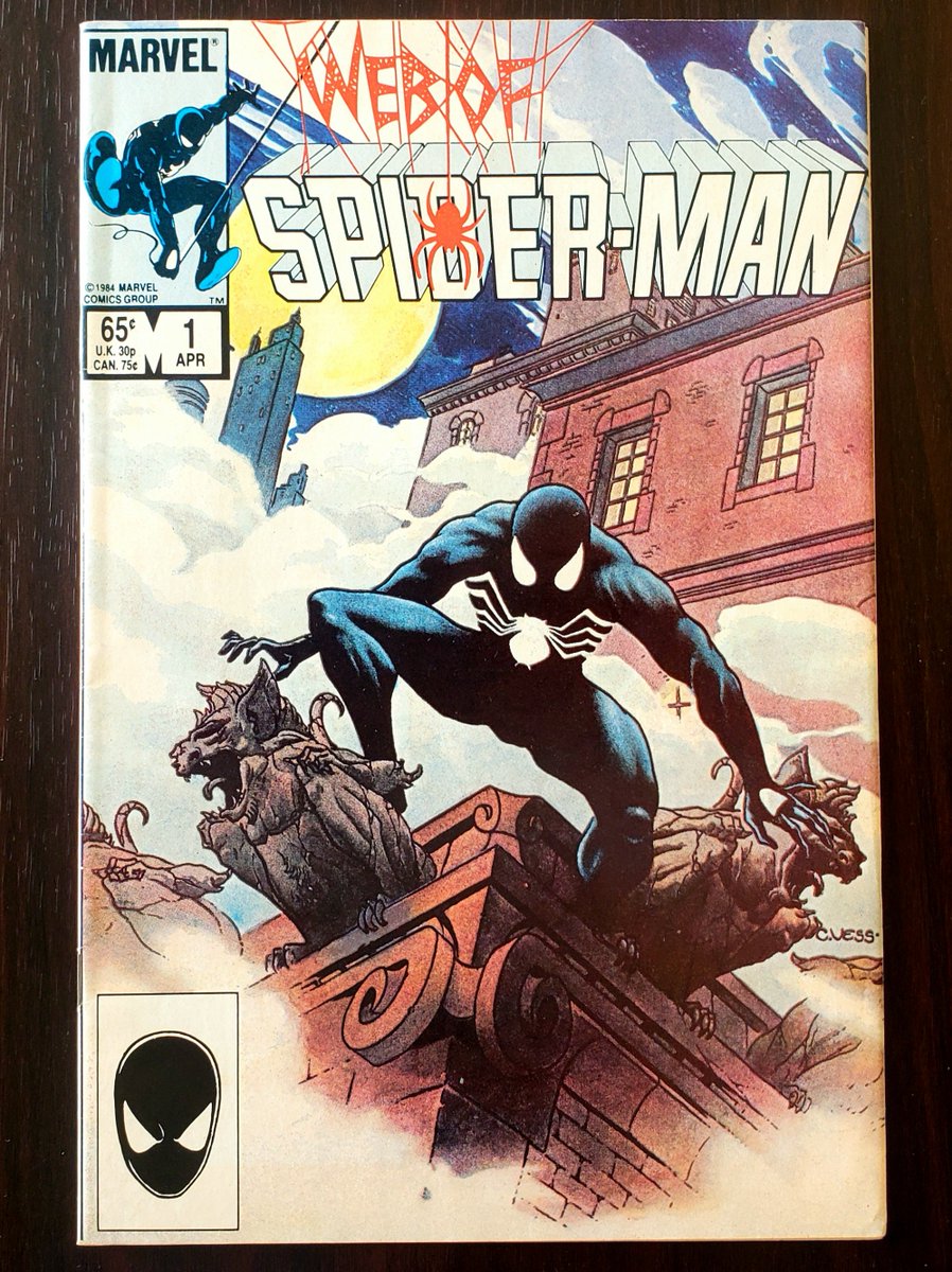 gulfcoastspidey's tweet photo. At this point in Marvel history, Spider-Man is so popular he's given a fourth title, although it ends up only replacing MTU instead, Web of Spider-Man vol.1 no.1 from April 1985, written by Louise Simonson with iconic painted cover art from Charles Vess, and in "Til Death Do Us Part!", we get a climactic showdown between Spider-Man & his living alien costume, with more detail & intricacies not seen in the previous two titles! The return of Spider-Man's alien black costume further establishes that the black suit is a living, malicious organism, as it actively tries to bond with Peter Parker against his will and reveals it does not trigger his spider-sense. Peter ends up ridding himself of the costume again using church bells and presumes the symbiote creature to have died afterwards, although we all know different! #webofspiderman