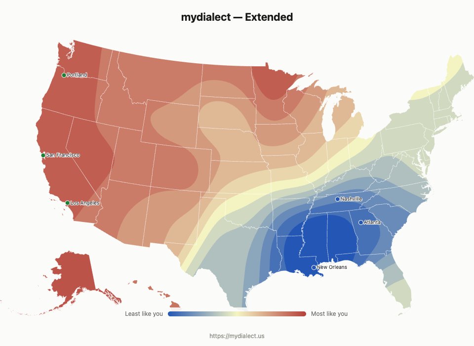 NMoerke's tweet photo. Fun new version of the US dialect quiz, no surprises here. https://t.co/KjWrsyvJn2