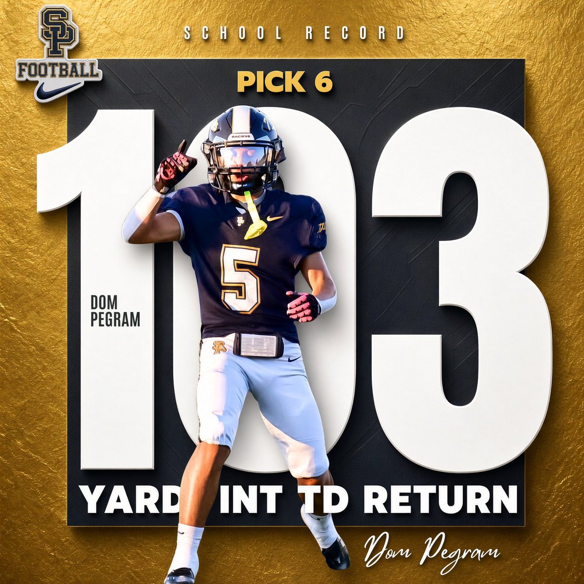 PointersFB's tweet photo. DOM PEGRAM! 😤🔥
A 103-YARD PICK SIX that went ALL THE WAY TO THE HOUSE!
That’s right… 103 YARDS for SIX! 🏈💥 And with it, Dom etched his name in the record books with the LONGEST INTERCEPTION RETURN FOR A TOUCHDOWN IN SOUTH POINT FOOTBALL HISTORY! 🏆
#PointerPride #BELIEVE https://t.co/xFxN0HWIry