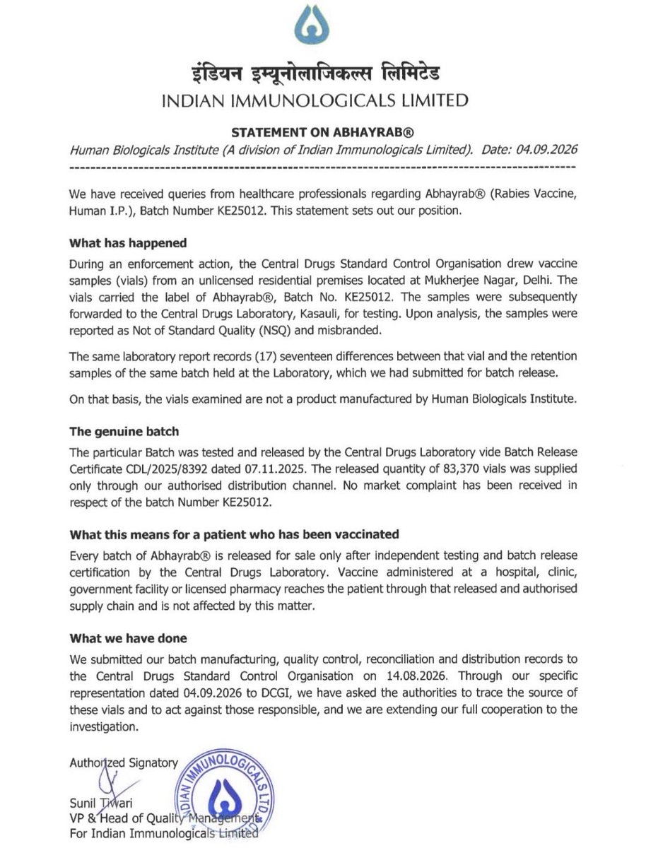 snehamordani's tweet photo. Serious concerns regarding the efficacy of #Rabies vaccine available in Delhi! 

Here is what has been found 

In samples collected from Mukherjee Nagar, it has been found that the vial’s collected and labelled as #Abhayrab was not of standard quality and even misbranded 
The vials were tested in Kasauli. 
The Manufacturer - Indian Immunologicals says the vials are not its product and has asked authorities to trace their source.

Rabies kills thousands across india and inspite of the vaccine being administered in time, victims die…. 
Counterfeit anti rabies vaccines are the biggest reason!