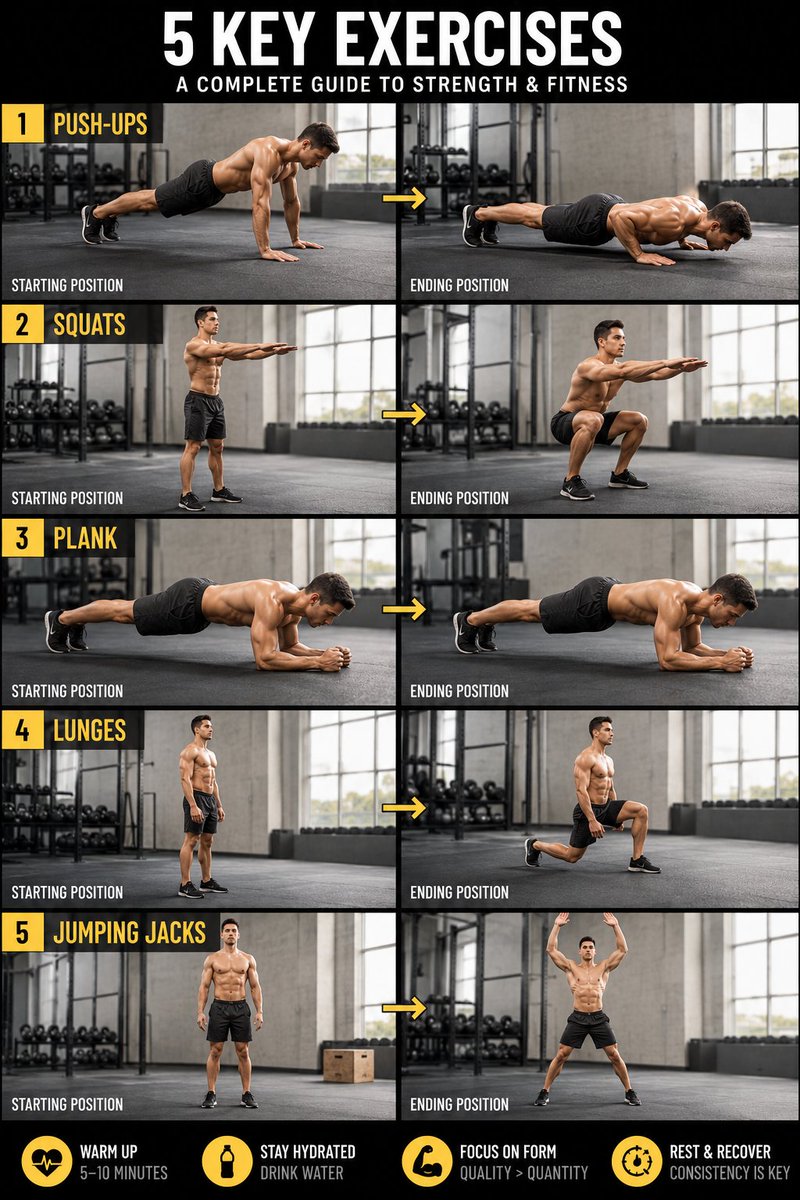 apoxdriveaz's tweet photo. Want to get fit but don't have a gym membership or expensive equipment? 🚫🏠 You don't need a fancy gym to transform your body. All you need is consistency and the right plan.
Here is a simple 5-exercise routine to get you started! 👇🧵

#Fitness #HomeWorkout #HealthTips https://t.co/I8LSgJWKP4