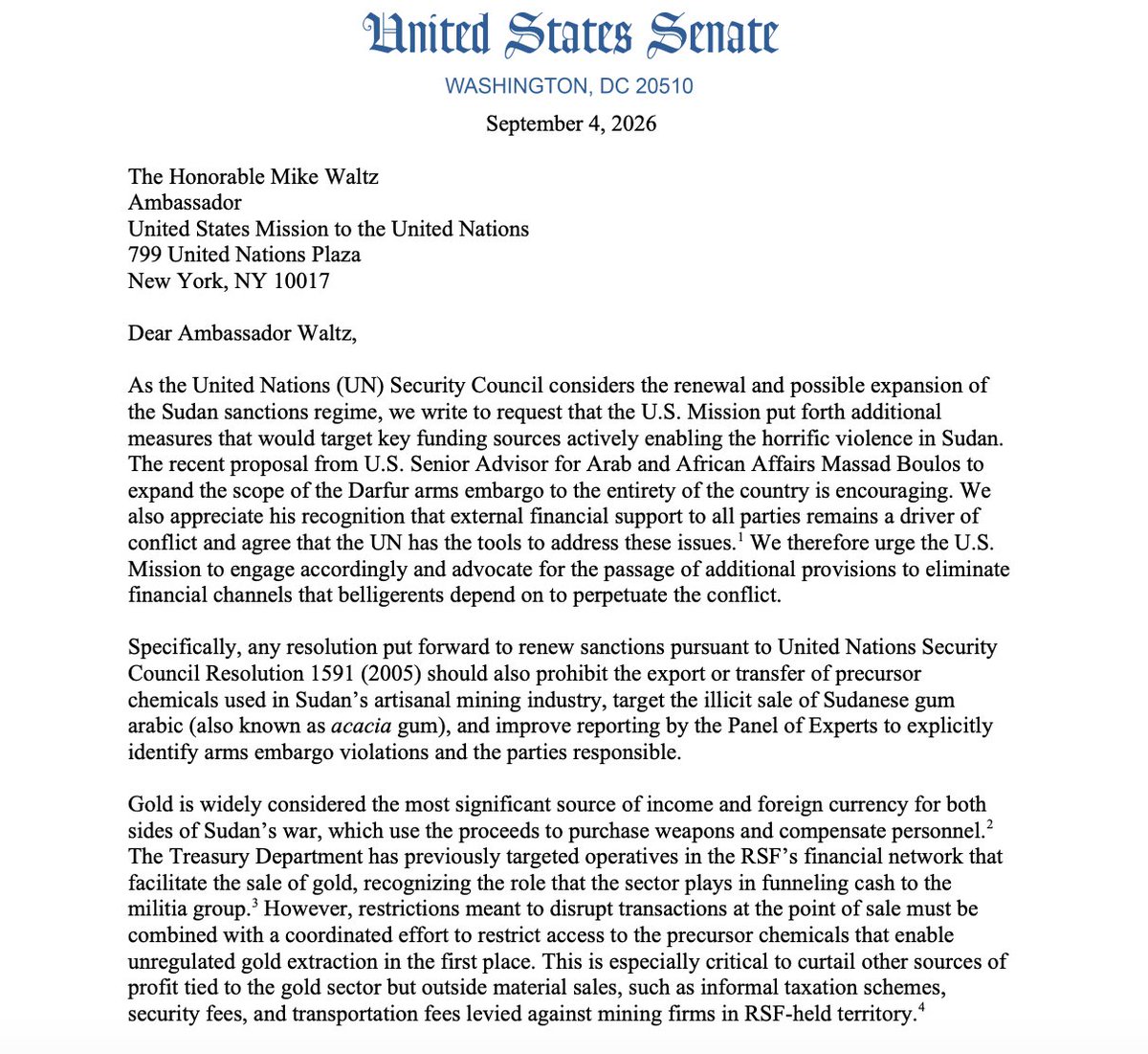 _hudsonc's tweet photo. 8 Senate Democrats are petitioning for not only a total arms embargo on Sudan but sanctions on the country's gold sector as well.  Taken alongside the Trump Administration's push for an arms embargo--and their media push around that; coupled with the coordinated Israeli media campaign today on Sudan's use of chemical weapons, this constitutes a pretty withering pressure campaign against Khartoum authorities.  Interestingly, I would say that this is a similar level of pressure that we saw at the height of the Darfur conflict 20 years ago, except that it is missing  any real grassroots activism to go along with it. Still, I suspect that this will make Burhan's trip to the UN in 2 weeks much less triumphal than he wants it to be. The question is whether he comes prepared to offer any concessions at all, unlikely, or will instead dig his heels in? https://t.co/Kq0gcVYZGV