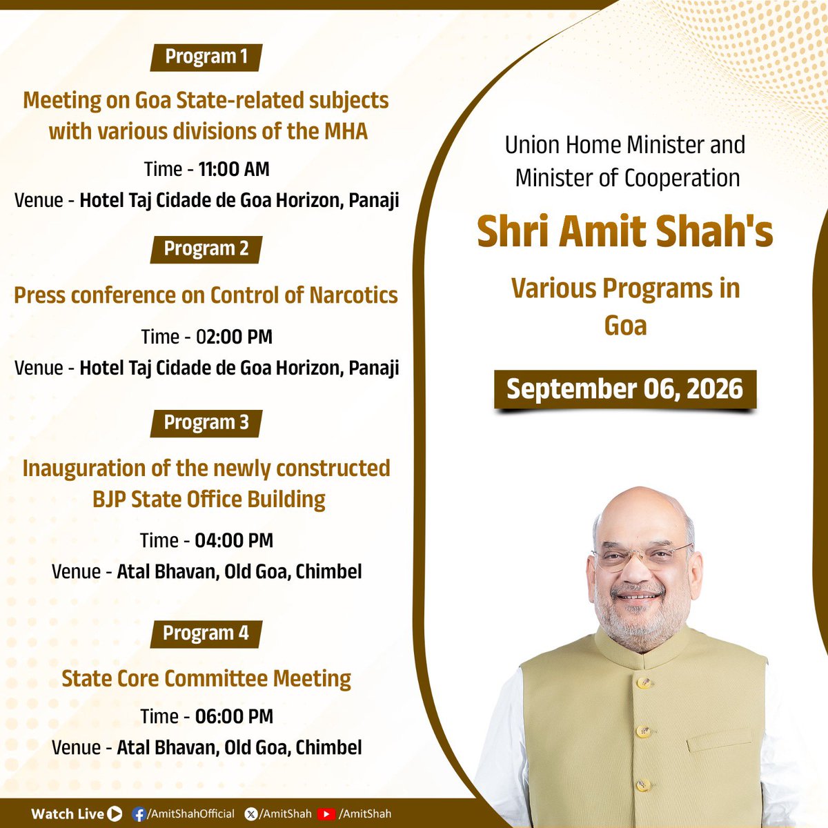 AmitShahOffice's tweet photo. Union Home Minister and Minister of Cooperation Shri @AmitShah Ji's programs in Goa. https://t.co/XTPT0zTKg7