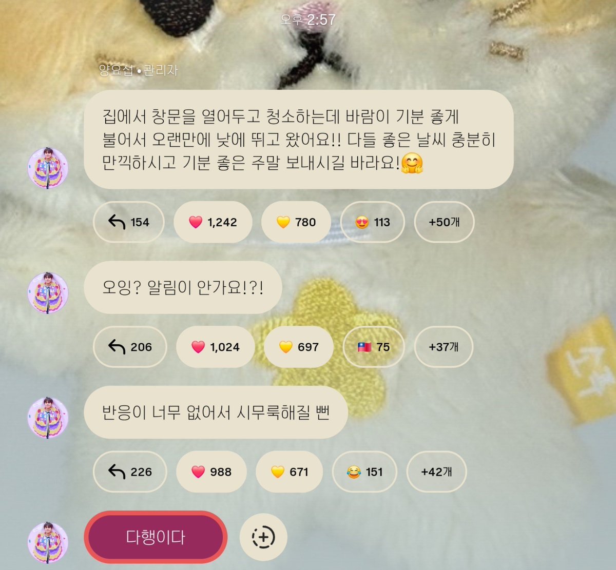 belovedyys's tweet photo. 260905 #서비채널

· 집에서 창문을 열어두고 청소하는데 바람이 기분 좋게 불어서 오랜만에 낮에 뛰고 왔어요!! 다들 좋은 날씨 충분히 만끽하시고 기분 좋은 주말 보내시길 바라요!🤗
· 오잉? 알림이 안가요!?!
· 반���이 너무 없어서 시무룩해질 뻔
· 다행이다 https://t.co/UOU6xlpvMp