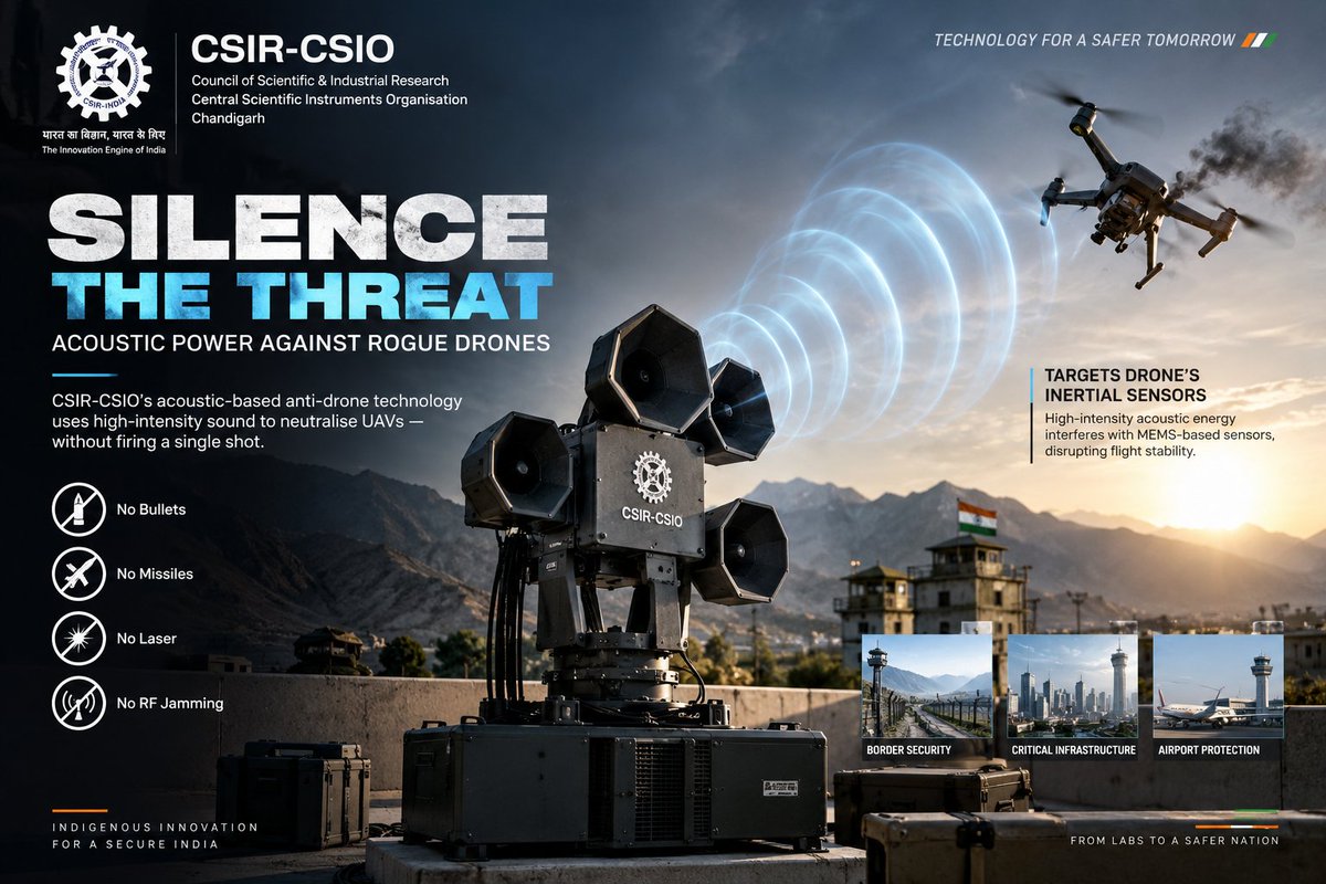 SacredScroll's tweet photo. 🚨 INDIA HAS A NEW WAY TO TAKE DOWN DRONES WITHOUT FIRING A SHOT 🇮🇳

CSIR-CSIO Chandigarh has developed an acoustic based anti-drone system that can potentially bring down UAVs using high intensity sound.

No bullets.
No missiles.
No laser.
No traditional RF jamming.

The interesting part is what it attacks.

The system is designed to target the drone’s MEMS based inertial sensors. Strong directed acoustic energy can disturb these sensors and send wrong motion data to the flight controller.

Result?

The drone can lose stability and crash.

And this is where the technology gets interesting.

A drone which is autonomous or difficult to stop through conventional RF jamming could potentially be attacked through its own onboard sensors.

CSIO has also worked on a resonance driven UAV neutralisation system and its researchers have filed patent work around the concept.

But this isn't some magic “sonic gun” that can destroy every drone from kilometres away.

Range, wind, background noise and different drone designs are still major challenges. The technology is also still in the development/commercialisation stage.

Still, India developing this kind of unconventional counter-UAS technology is a big deal.

The future of drone warfare won't just be about shooting drones out of the sky.

Sometimes the smarter way may be to make the drone’s own systems turn against it. 🇮🇳