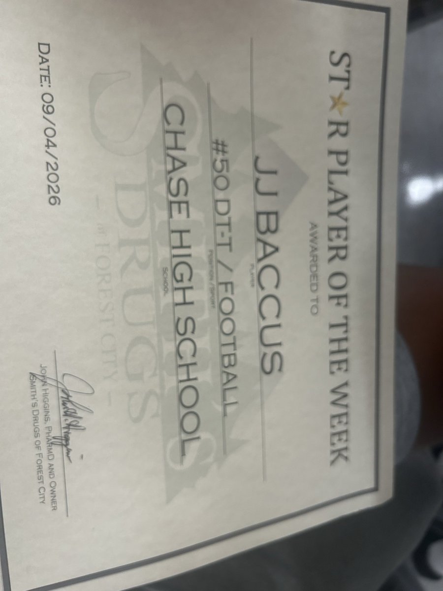 JBaccus50's tweet photo. Blessed to receive star player of the week for Smith’s &amp; Drugs. Got to keep working!!! @CTrojanFootball @Ftballman39 https://t.co/yb0uV4Ts53