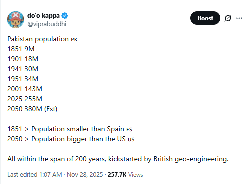 viprabuddhi's tweet photo. Most of the Muslims (and Christians) in the Indian subcontinent you see aren't converts from Hinduism but mostly Buddhism or animist tribal groups

> The numbers seem significant today because their numbers skyrocketed in past 200 years due to higher birth rates

> Undivided Lahore district (including Kasur then) was only 54% Muslim in 1851 despite 800 years or Muslim rule.

> Most of East Bengal was Hindu majority even until early 19th century. Dhaka was only 52% Muslim in 1830

> Dhaka wasn't even in Top 3 largest cities in 1872. In early 19th century, it was 1/3 size of Kolkata and less than 1/2 of Murshidabad.

> Kashmir had a density less than Sikkim when British started taking over the region, all of Pakistan was more sparse than Arunachal

> Muslims in the Indian subcontinent today = migrants + Buddhist/animist converts + higher birth rates basically

> Hindus did not convert in large numbers in any part of the Indian subcontinent

> You can take Kerala itself as an example today where Hindus were 80-85% back in 1821, but are <50% among newborns today.