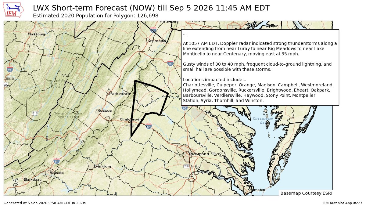 iembot_lwx's tweet photo. #LWX issues Short-term Forecast (NOW) at Sep 5, 10:58 AM EDT for 7 forecast zones in [VA] https://t.co/ZLx75ehdPs https://t.co/ELBHhQVDYy