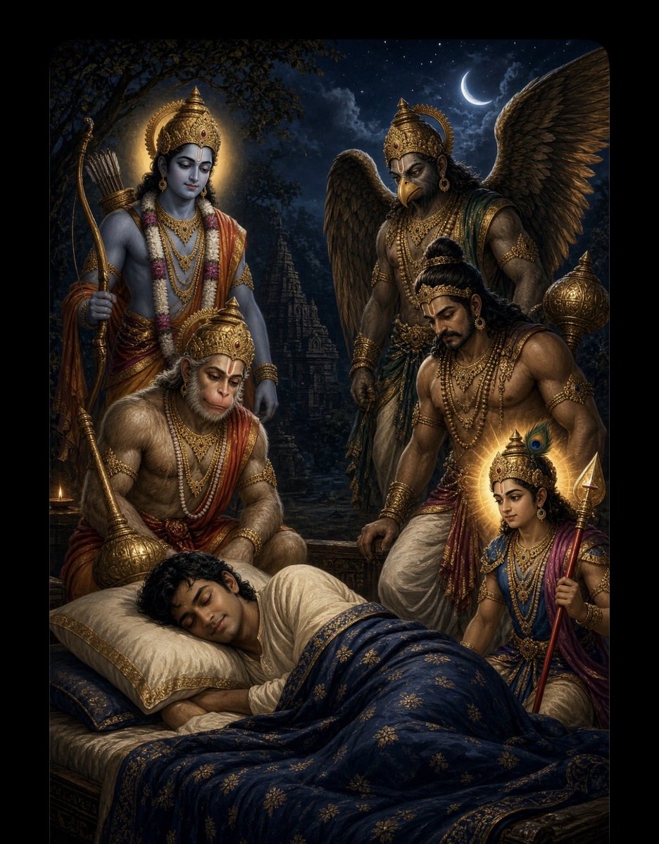 ako660's tweet photo. A mantra for peaceful sleep:

रामं स्कन्दं हनूमन्तं वैनतेयं वृकोदरम् ।
शयने यः स्मरेन्नित्यं दुःस्वप्नं तस्य नश्यति ॥

Five names to remember before sleep:

Rama -for dharma held steady

Skanda -for courage

Hanuman- for fearlessness

Vainateya (Garuḍa) -for protection from what poisons the mind

Vrikodara (Bhima) -for strength

The second half is the promise: one who remembers them at sleep -his bad dreams are destroyed.

Tonight, close your eyes in bed, remember the five, and chant it three times.

Especially on days the mind is vacillating.