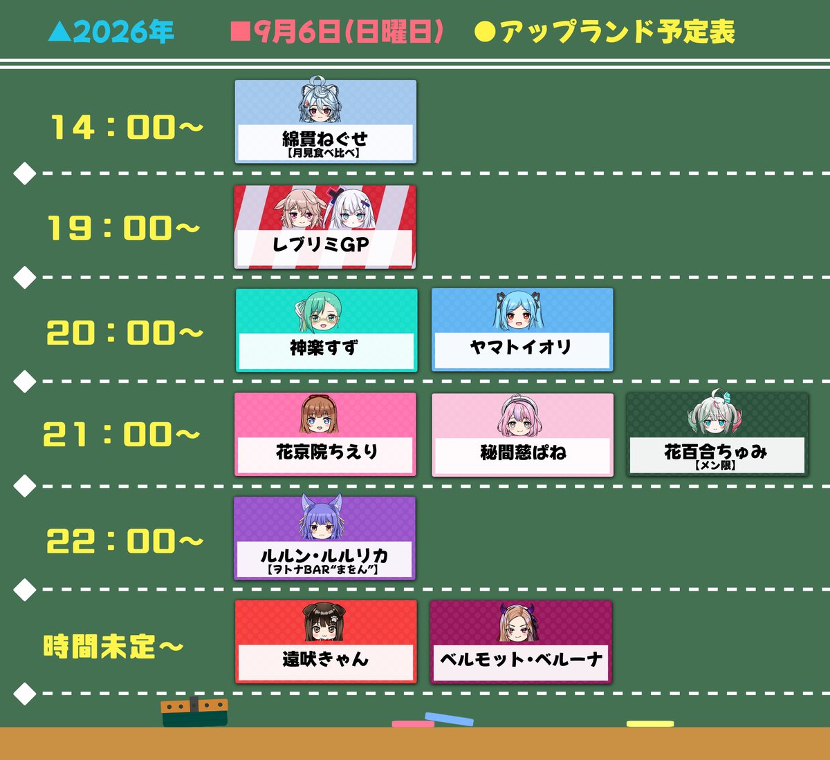 dorayoteihyou's tweet photo. 9/6(日)#アップランド予定表

14:00~:ねぐせらいぶ🍵
19:00~:レブリミGP🐏⛓️
20:00~:神楽すず🍋
20:00~:ヤマトイオリ🍄
21:00~:花京院ちえり🍒
21:00~:まじぱねらいぶ🥞
21:00~:ちゅみちゅーぶ(メン限)💐
22:00~:ルルンルーム🍖🐾
時間未定:きゃん生✂️
時間未定:ベルりーむ🍇 https://t.co/S8FHOCg4rJ