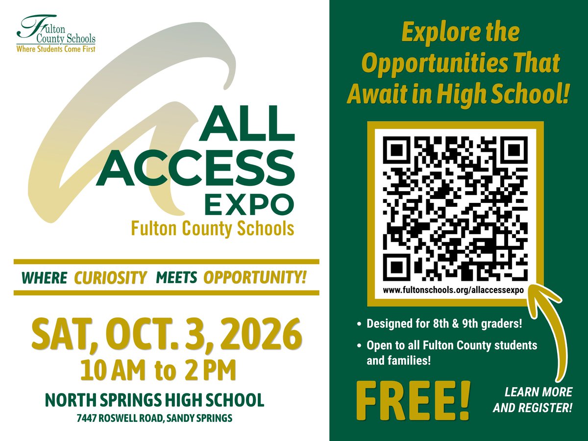 FultonCoSchools's tweet photo. Explore academic, career, elective and enrichment opportunities at the FCS All Access Expo, designed for current 8th & 9th grade students and families! #FCSallaccess #FultonCountySchools
π
Oct. 3 | 10 a.m.β2 p.m.
π North Springs HS
Register now!https://t.co/YBtw49QY7P https://t.co/LdTdhTOHDl