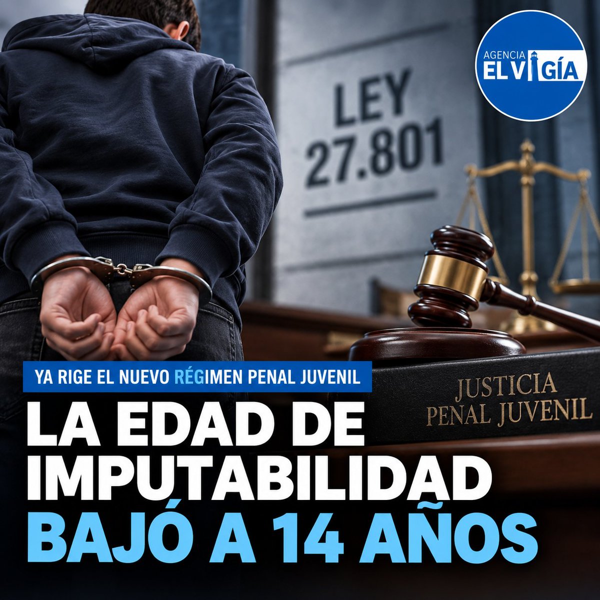 AgenciaElVigia's tweet photo. Ya rige el nuevo Régimen Penal Juvenil: la edad de imputabilidad bajó a 14 años

⚖️ Desde este sábado 5 de septiembre entró en vigencia en todo el país la Ley 27.801, que establece un nuevo Régimen Penal Juvenil y reduce de 16 a 14 años la edad de imputabilidad. La normativa reemplaza al régimen que estaba vigente desde 1980.

👉 A partir de ahora, los adolescentes que tengan entre 14 y 17 años al momento de cometer un delito podrán ser sometidos a un proceso penal y recibir una condena bajo un régimen específico para menores de edad.

🔹 La ley establece que la privación de la libertad debe aplicarse bajo criterios especiales y contempla medidas educativas, programas de capacitación, supervisión y otras sanciones alternativas orientadas a la resocialización.

🚨 Para los casos que impliquen prisión, se fijó un máximo de 15 años de privación de la libertad, incluso cuando se acumulen delitos cuyas penas superen ese plazo. Además, quedan expresamente prohibidas la prisión y la reclusión perpetuas para los adolescentes alcanzados por el régimen.

🏛️ La norma fue sancionada por el Congreso el 27 de febrero de 2026, publicada en el Boletín Oficial el 9 de marzo y comenzó a regir 180 días después. También invita a las provincias y a la Ciudad de Buenos Aires a adecuar sus legislaciones procesales al nuevo sistema.

📲 Más noticias en https://t.co/Uze8bSuUB9

#RégimenPenalJuvenil, #Imputabilidad, #Justicia, #Seguridad, #Argentina