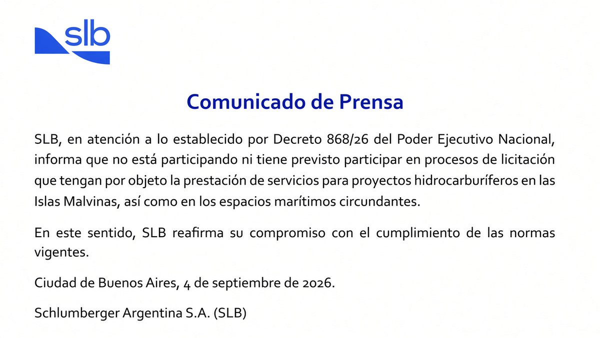 hayquedolarizar's tweet photo. La empresa mas importante del mundo respecto a servicios petroleros (SLB) se bajó y no va a formar parte del proyecto britanico de sacar petroleo en Malvinas. 

Muy importante esto por que puede arrastrar a mas empresas a hacer lo mismo, saboteando el proyecto y haciendo inviable el proyecto, ojalá Dios quiera 

Muy bien el gobierno marcando la cancha y tomando medidas concretas para defender la soberania argentina