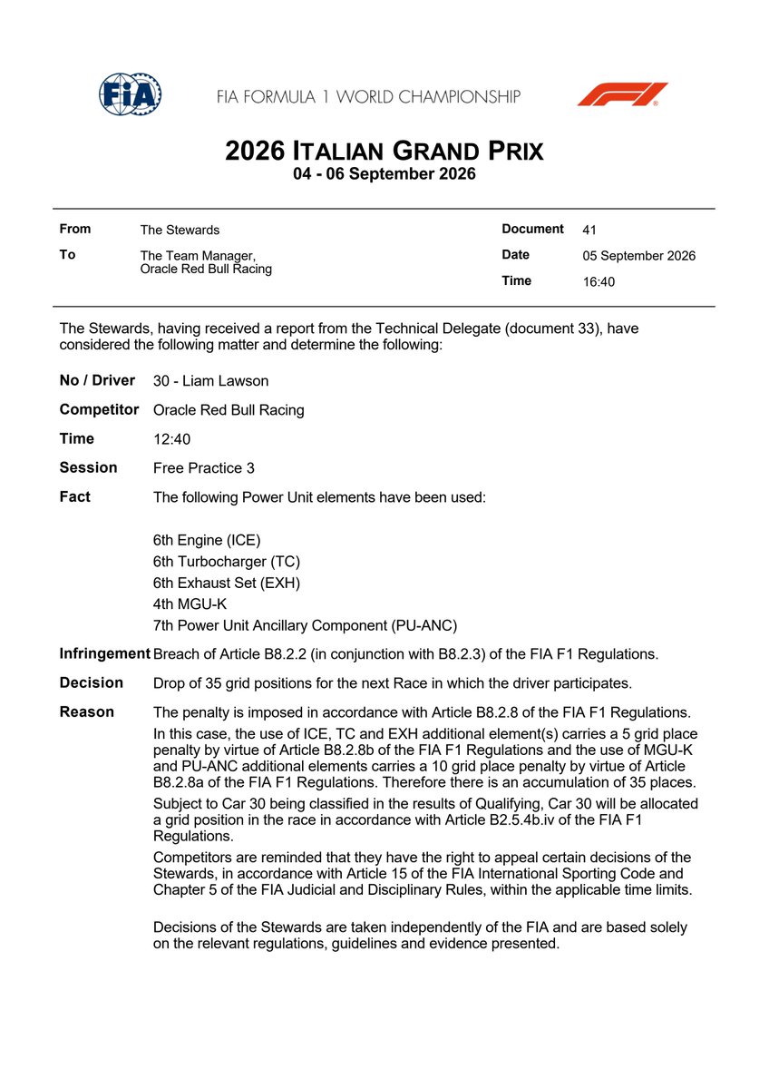 fia's tweet photo. DOC 41 - Infringement - Car 30 - Change to PU elements https://t.co/nVLPv627jK #ItalianGP #F1 #FIA https://t.co/2WyvbMegx9