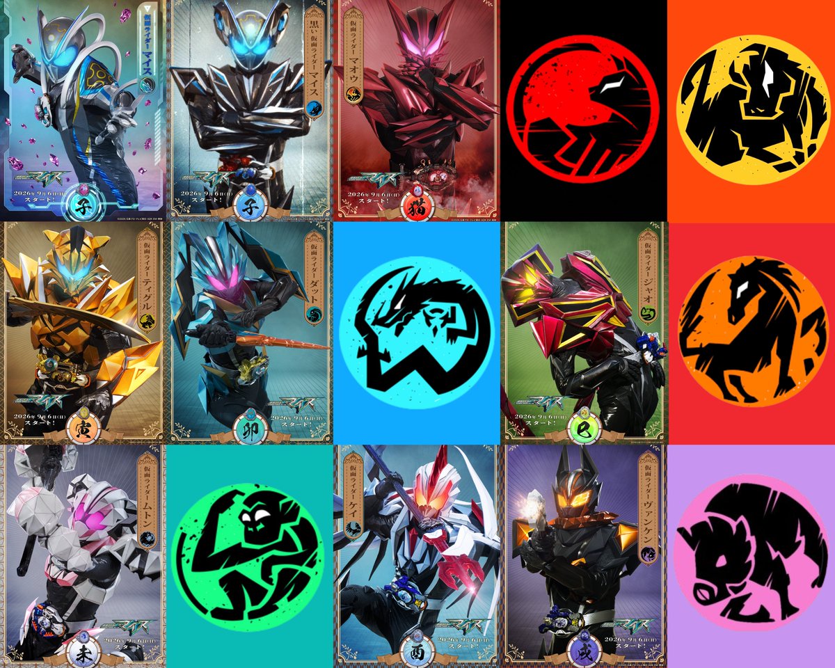 SEVENMIRAI07's tweet photo. #仮面ライダーマイス #nitiasa

【キャラクタービジュアル】

子・丑・卯・巳・未・酉・亥
🐭   🐮   🐰    🐍   🐑   🐔   🐗
─────────────
猫・寅・辰・午・申・戌
🐱   🐯   🐲    🐴   🐵   ��� https://t.co/CWiz8oDISF