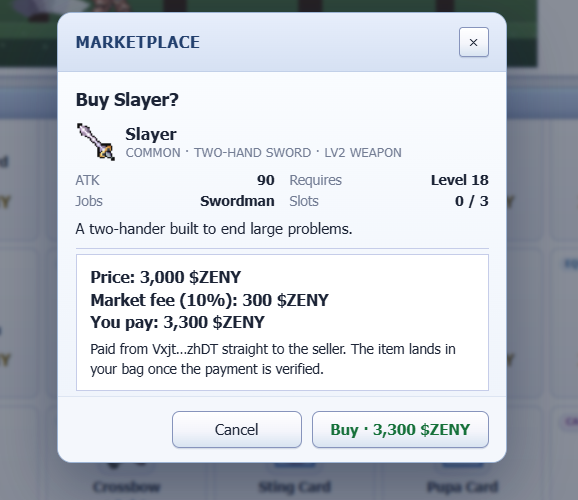 CjHood72's tweet photo. Just grabbed a Slayer from the @IdleROGame marketplace! ⚔️ The 3,000 ZENY price plus 10% market fee makes this a solid upgrade for my Swordman grind. Time to put this Lv. 18 weapon to work! #IdleRO https://t.co/dZVtBbMfkl