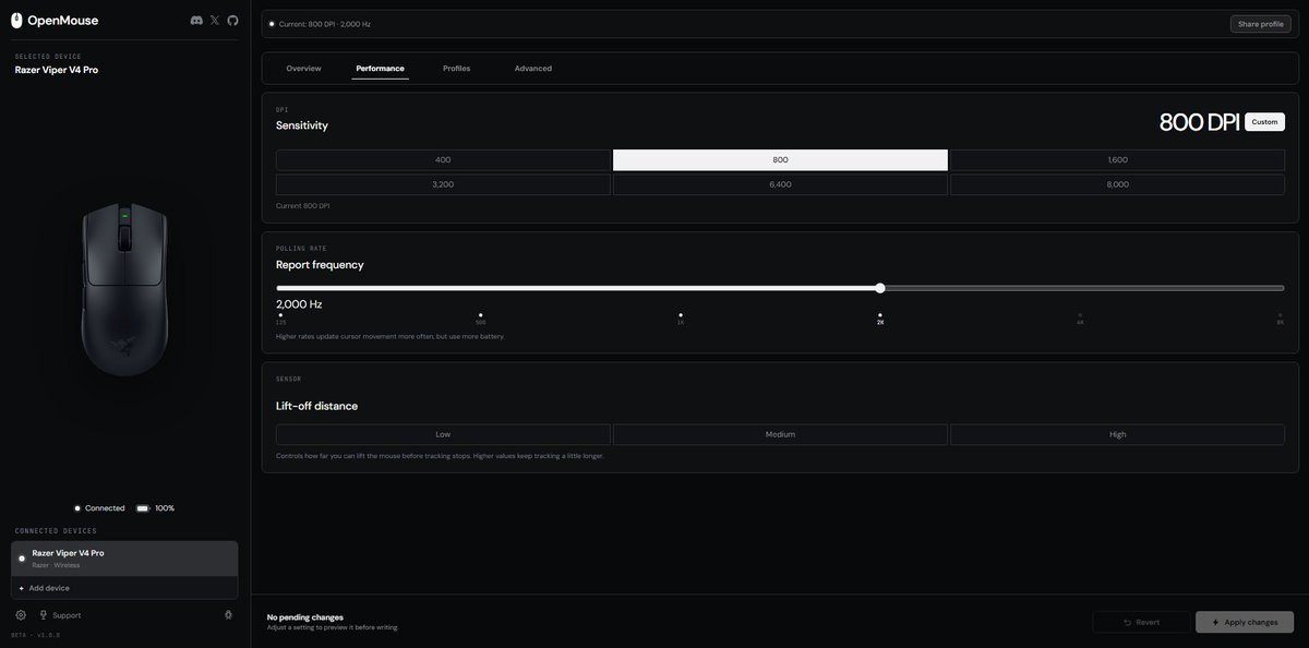 ThourCS2's tweet photo. A new app called @openmouseapp now allows you to control your gaming mice's settings like DPI, Polling Rate, LOD etc. through the web app and it currently supports 117 models.

This will finally make all the garbage bloatware apps gone from our PCs. 🫡 https://t.co/QXOjY78u1N